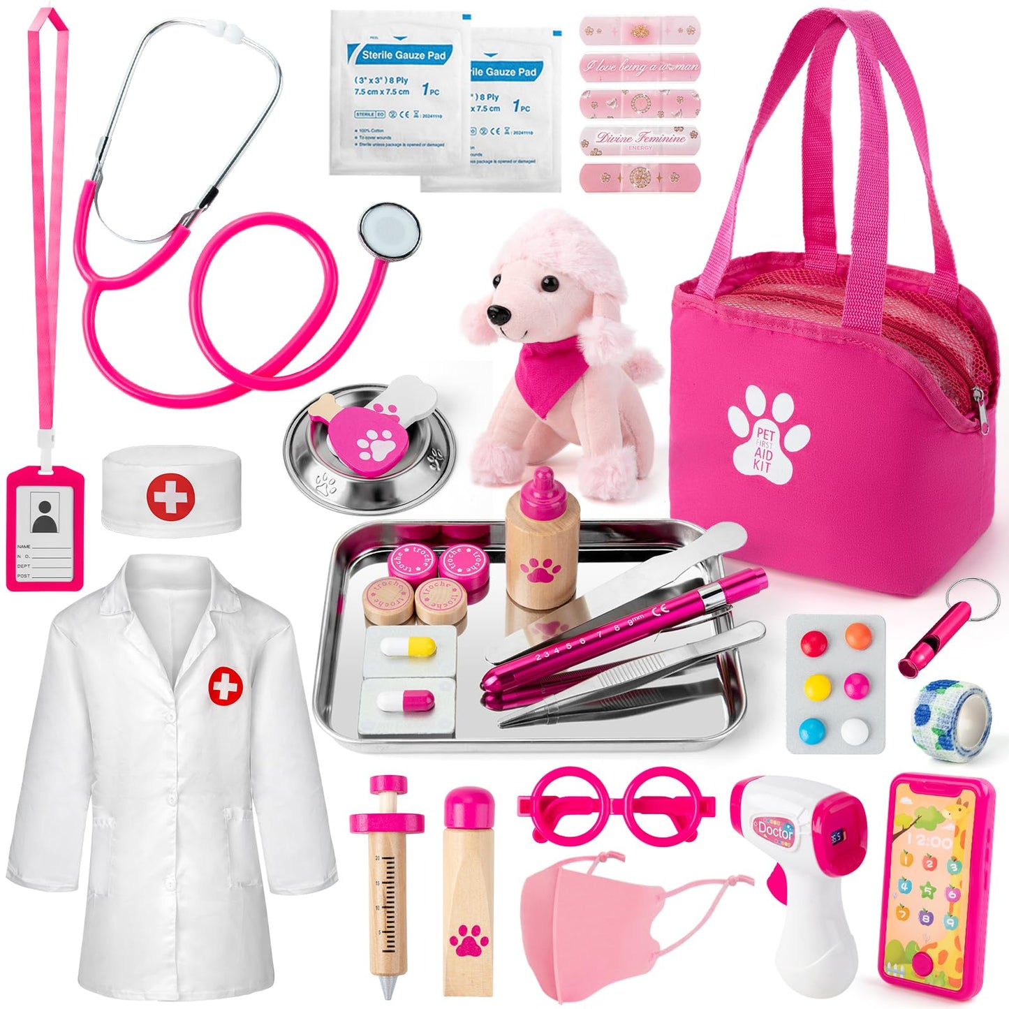 Doctor Kit for Girls, 36 Pcs Veterinarian Playset for Kids, Doctor Kit for Toddlers 3-5 with Dog Toy & Real Stethoscope, Kids Vet Kit Pretend Play Doctor Toys, Doctor Play for Boys Girls