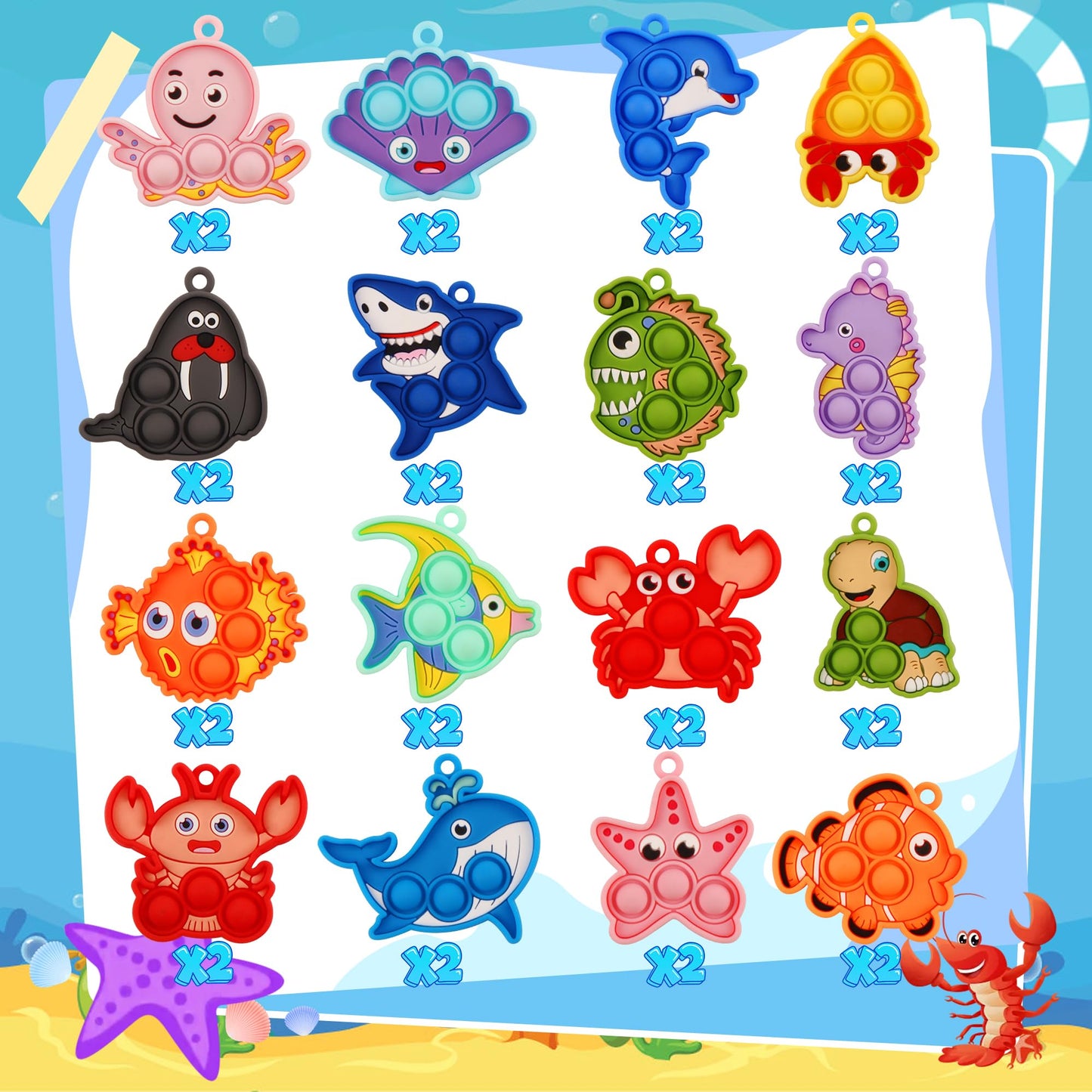Ksmky 32PCS Sea Animal Pop Fidget Toys Bulk, Mini Pop Keychain,Party Favors for Kids, Goodie Bag Stuffers,Classroom Prizes,Treasure Box Toys
