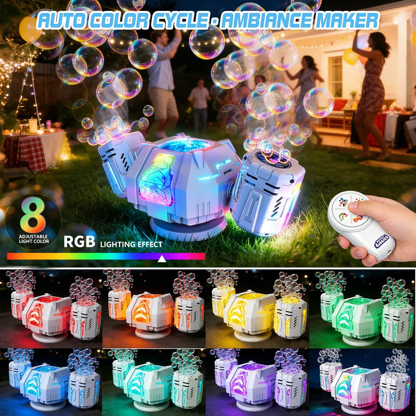 Dolanus Bubble Machine - Rechargeable, RGB, Rotation & Remote Control - Bubbles for Kids Toddlers 1-3 - Outdoor Outside Backyard Summer Toys for Ages 2 3 4 5 Year Old- Birthday Party Wedding Gifts