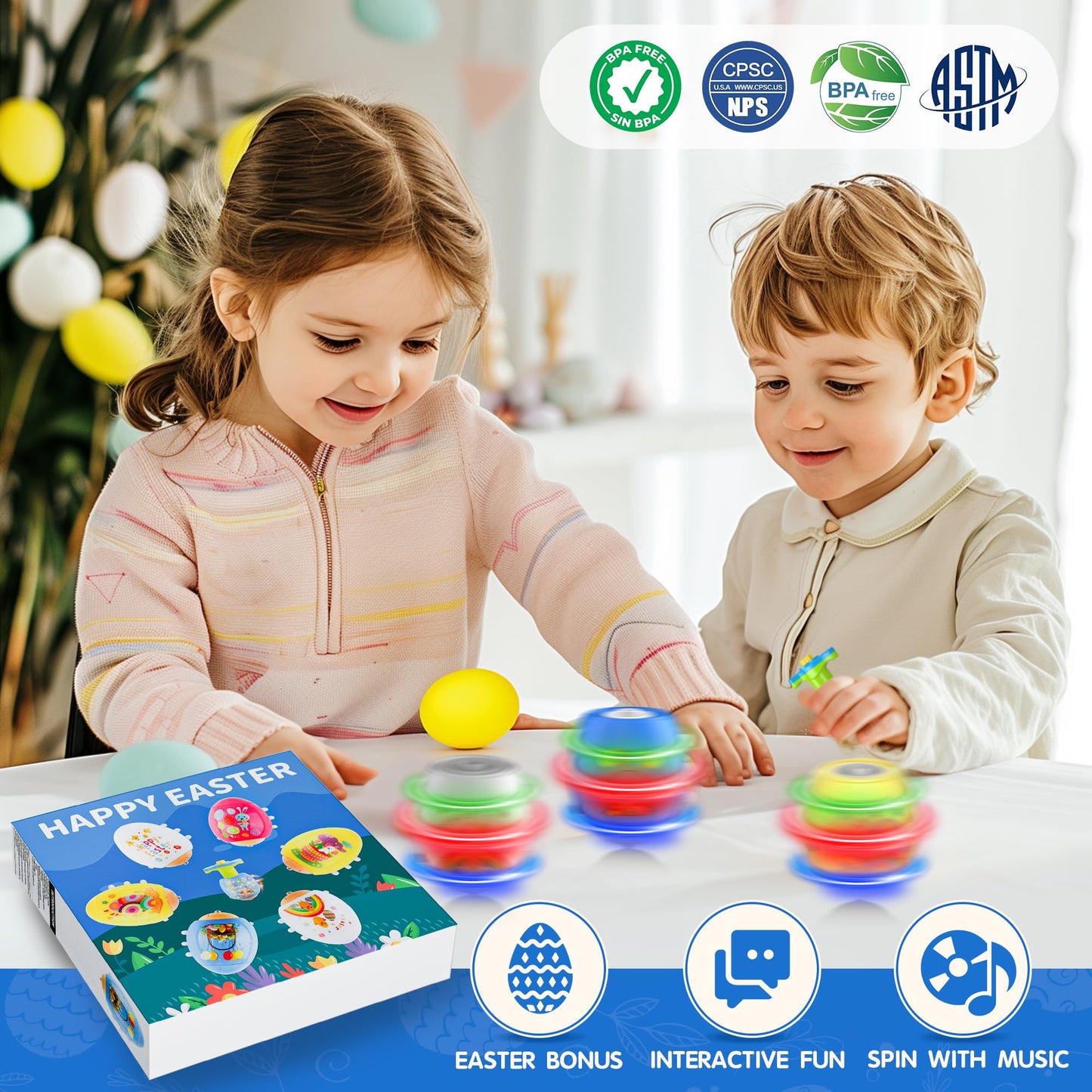 6 PCS Easter Eggs Light Up Flashing Spinning Tops for Kids, Easter Egg Spin Toys with LED Gyroscope for Party Favors Gift, Classroom Event Rewards, Goodie Bag Stuffers, Glow in The Dark Party Supplies