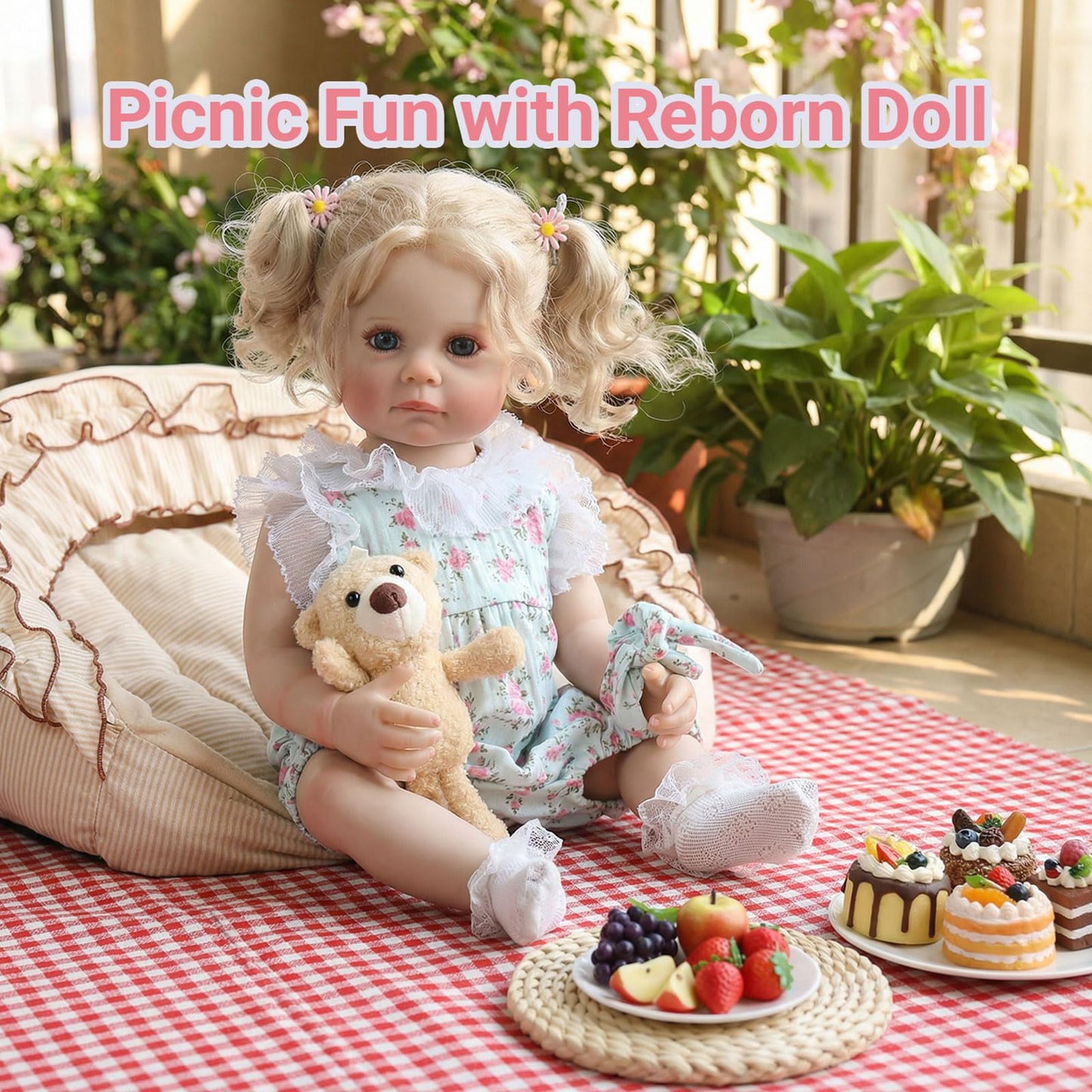 Tookyhill Lifelike Reborn Baby Doll - 22 Inch Realistic Blonde Toddler Doll with Curly Hair, Blue Eyes & Soft Plush Bear, BPA-Free Poseable Full Body Vinyl Real Life Doll for 3+ Kids Pretend Play