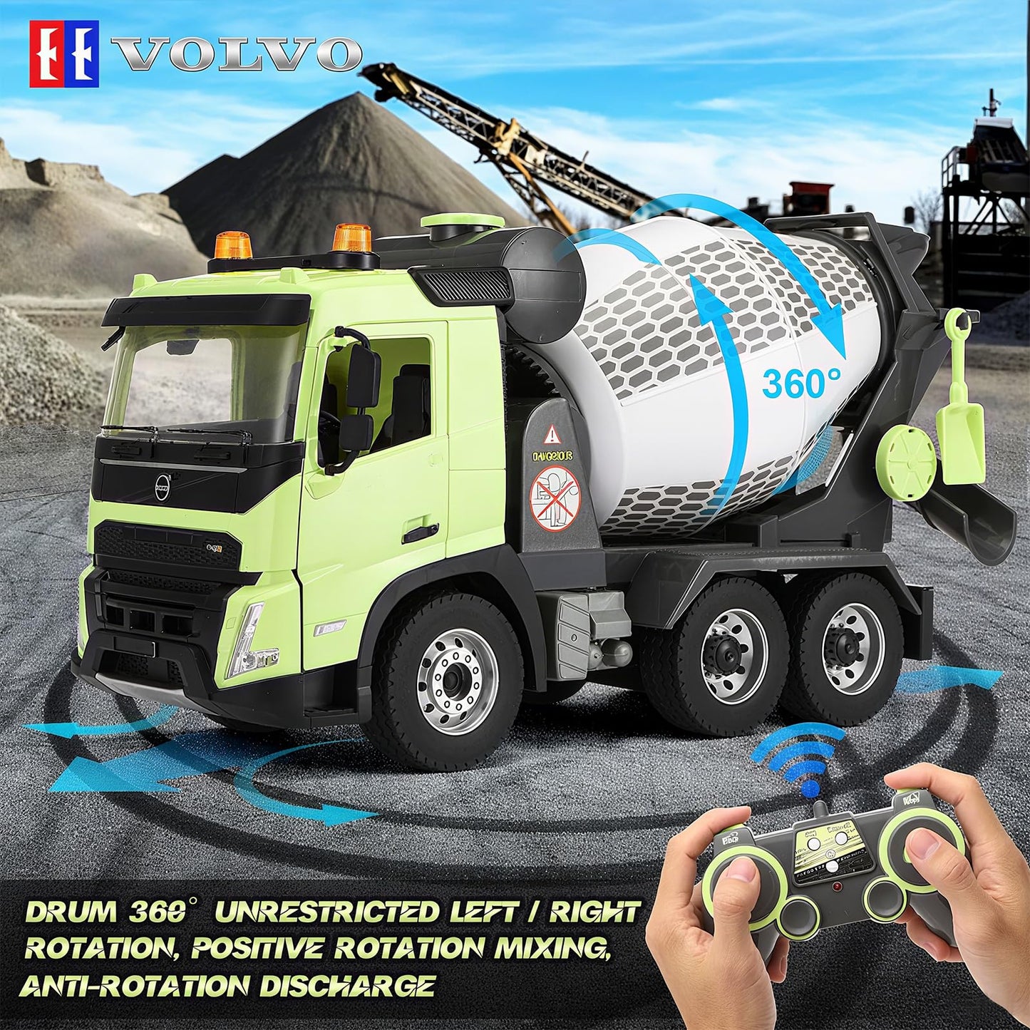 Double E Volvo FMX 1:20 RC Cement Mixer Truck - 360° Rotating Drum + 7 Realistic Sounds & LED Lights, 2.4GHz Anti-Interference for Multi-Vehicle Play - Construction Toy Adults