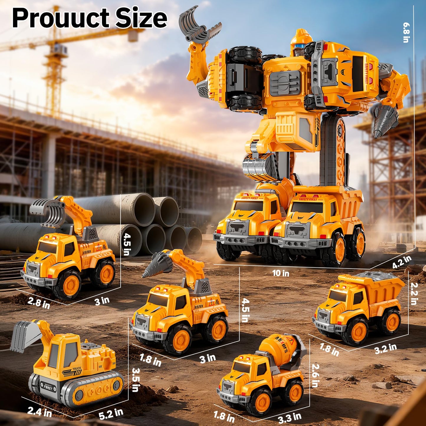 KIZONLY Transform Toys for Boys 4-6, 5 in 1 Take Apart Toys for Boys 3-5, Construction Excavator Transform Assembling Robot Toy for Kids, Educational Birthday Gift for 4 5 6 7 8 Year Old Boy Girls
