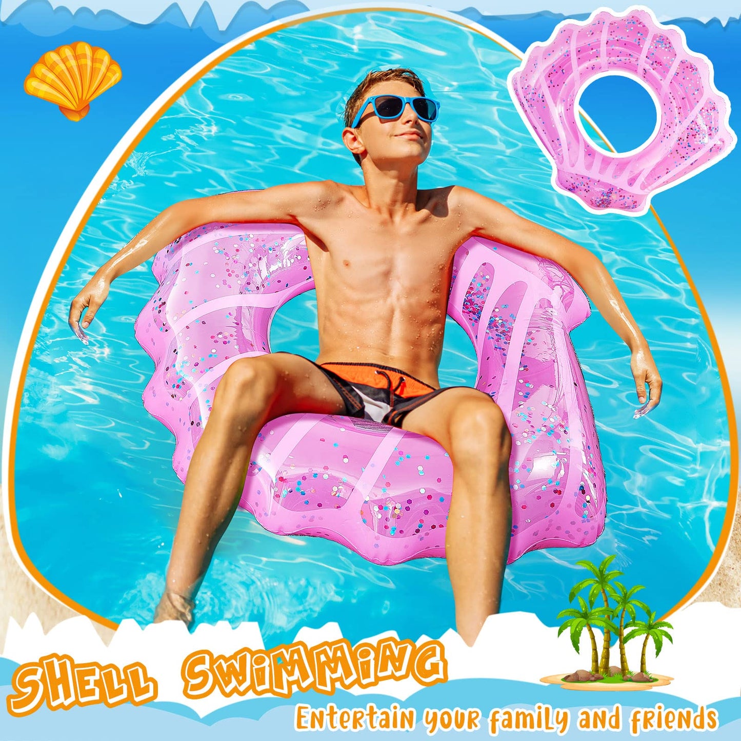 Juexica 2 Pack Shell Swim Rings for Kids Inflatable Seashell Pool Float Children Swimming Floatie Glitter Confetti Swim Tube Summer Beach Party Decorations for Kids Toddlers Teens(Pink,Blue)