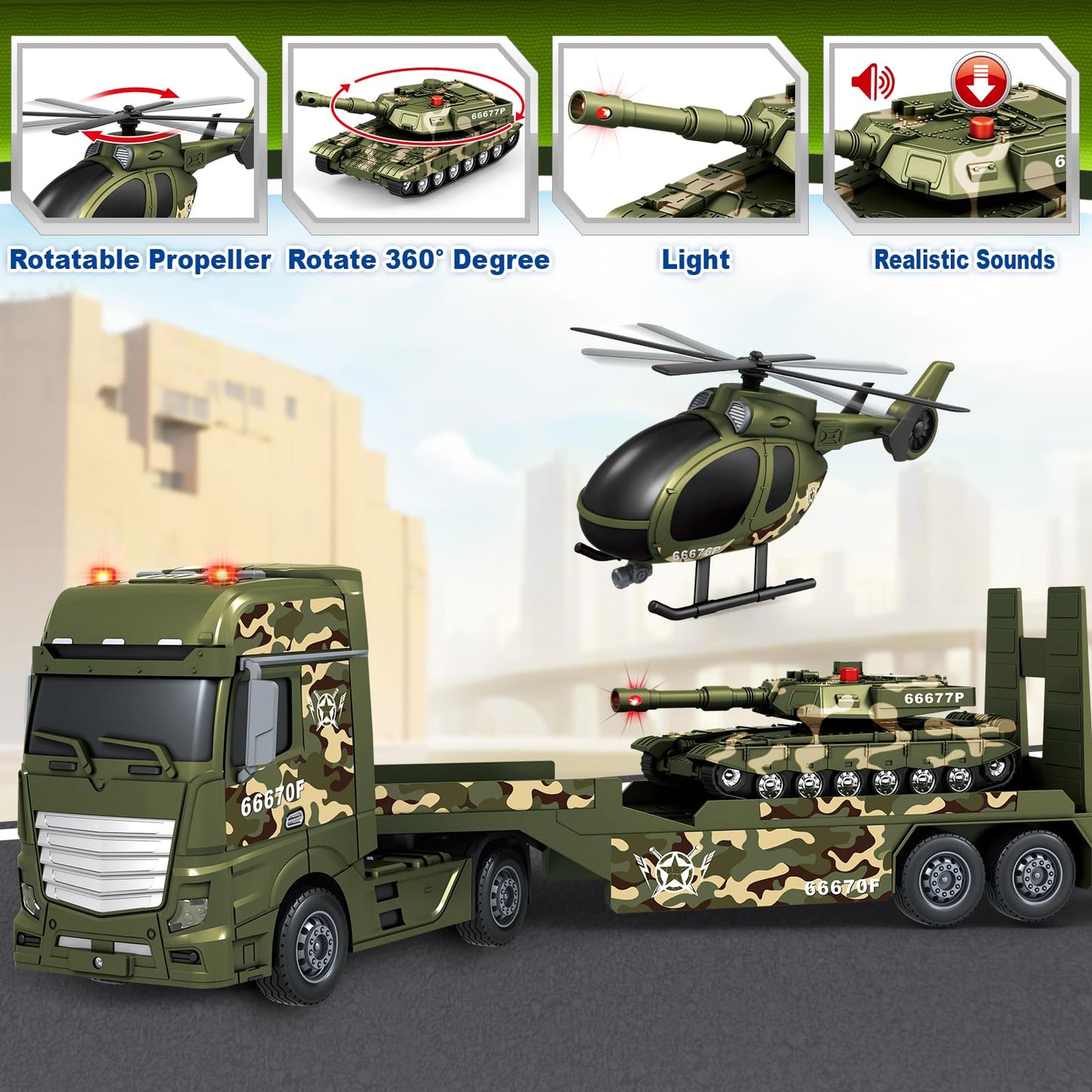 Bstoyder Toddler Boy Toys for 3 4 5 6 7 Years Kids, 25" Semi Army Truck Toy with Helicopters and Tank, Friction Powered Military Toys with Lights and Sounds, Birthday for Boy Girls