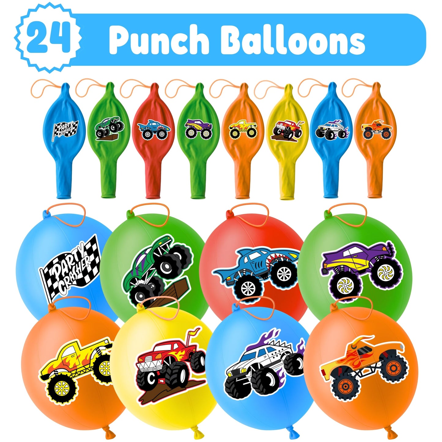 ThuanXuanLoc 72 PCS Monster Truck Party Favors - 48 PCS Temporary Tattoos & 24 PCS Punch Balloons Combo - Birthday Gifts & Goodie Bag Fillers