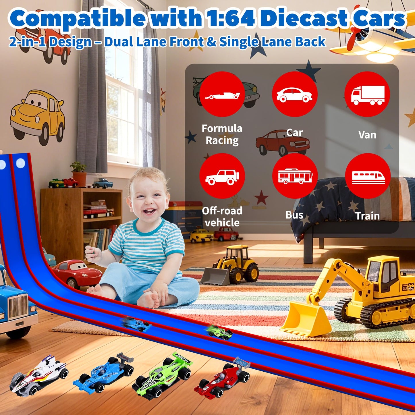 FUTESI Flexible Race Car Track for Kids 15 Ft Flex Tracks Starter Set Compatible with Diecast 1/64th Cars Portable Rolls Up Race Tracks with Strong Suction Cups Birthday Gifts for Boys Girls Ages 3+