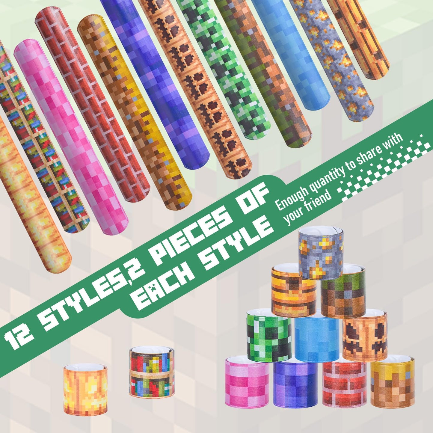 Lottmopi 24 Pcs Pixel Party Favor - Pixel Slap bracelets, Birthday Decorations Party Supplies, Exchanging Gifts Classroom Prizes, Game Theme Decorations (12 Styles)