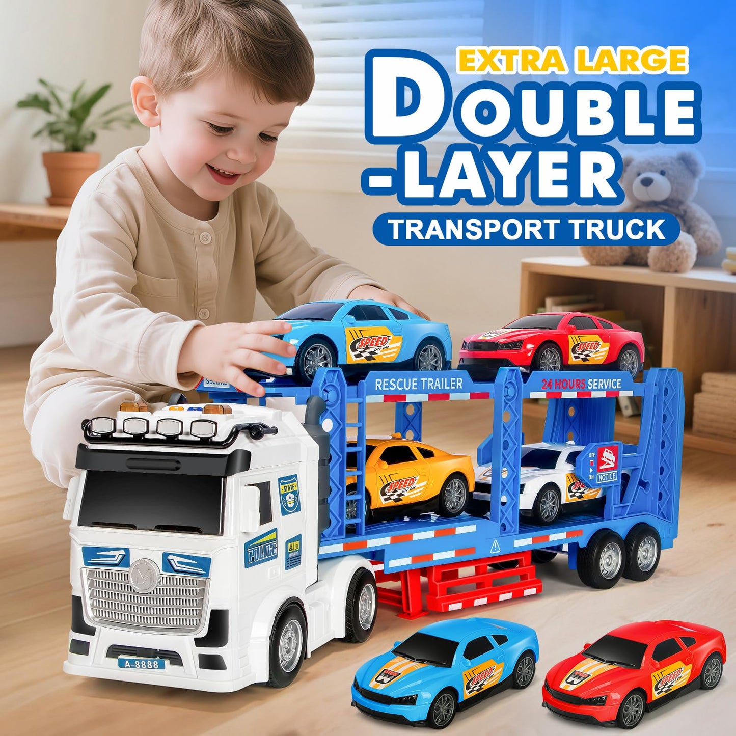 Toddler Boy Toys for 3 4 5 6 7 Years Kids, 21" Double Layer Race Truck Toy with 4 Racing Cars, Friction Powered Vehical Toys with Lights and Sounds, Birthday for Boy Girls-Blue