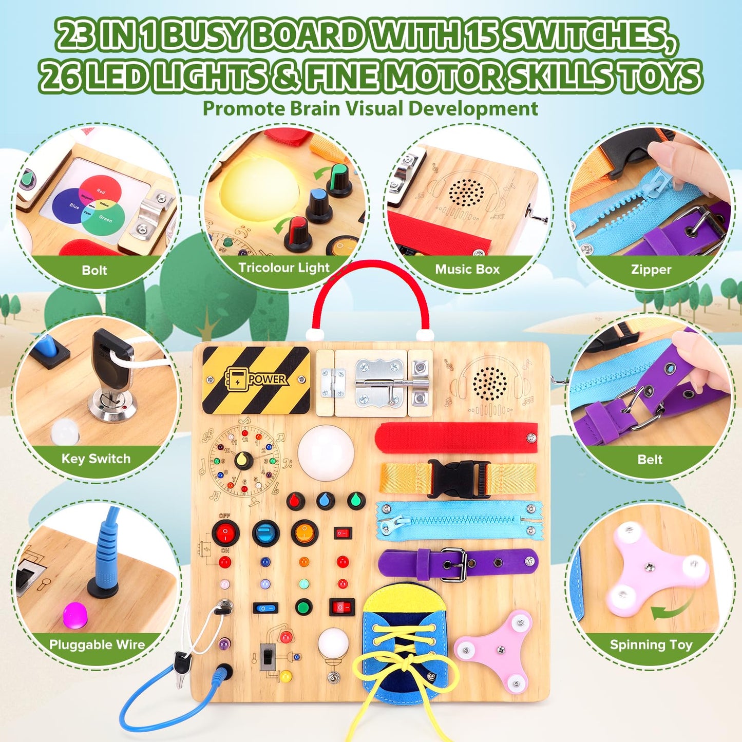 23-in-1 Montessori Busy Board with LED Lights Educational Wooden Activity Toy for Toddlers Ages 1-3, Travel Sensory Board with Switches Locks Music Box Fine Motor Skills Learning Toy for Boys Girls