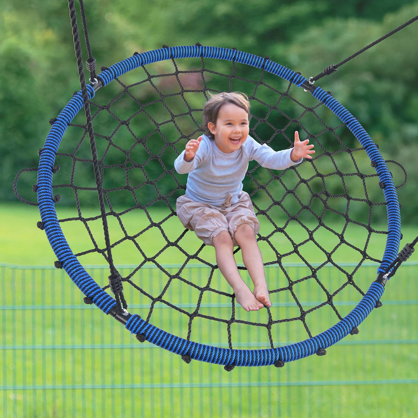 Trekassy 45" 750lbs Spider Web Tree Swing for Kids & Adults, Outdoor Steel Frame Saucer Net Swing with Swivel, Adjustable Ropes + 2 Tree Hanging Straps - Blue (Patented)