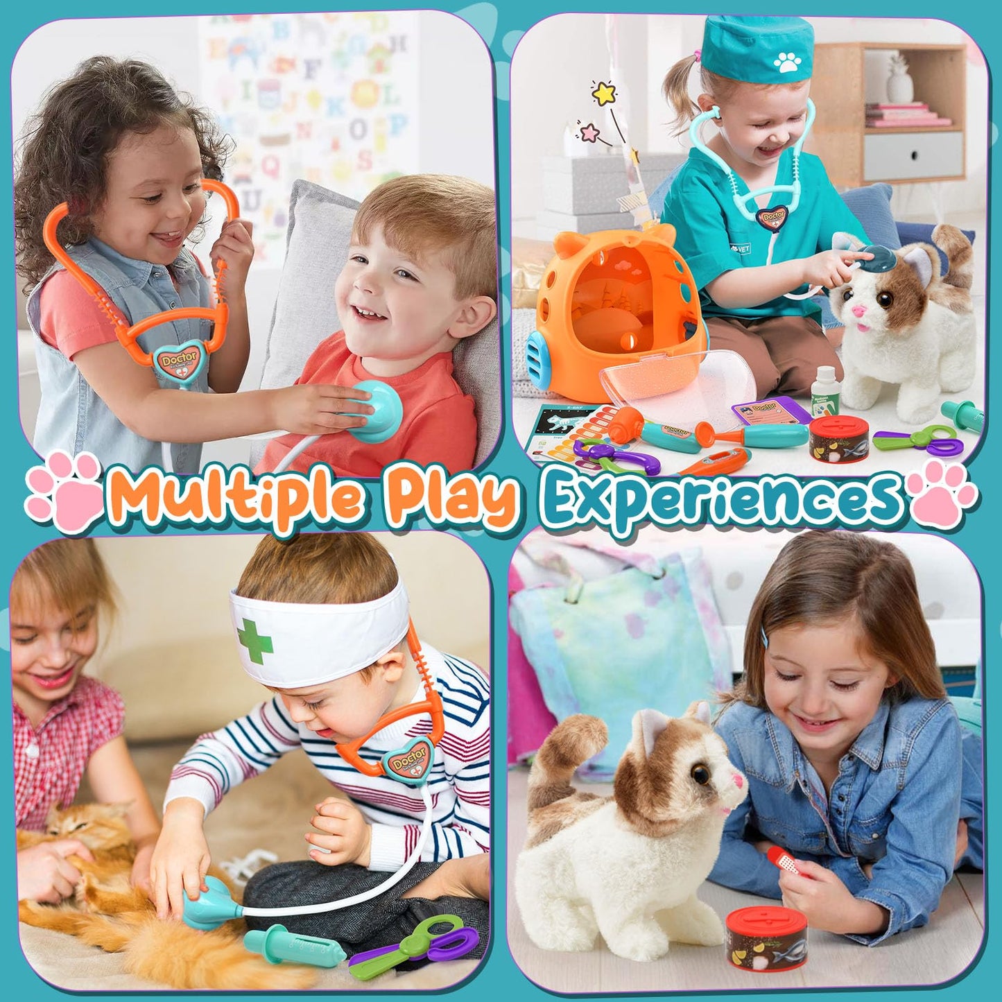 TUZT 17PCS Interactive Cat Toys for Kids, Toys for 3 4 5 6 7 8 Year Old Girls Kids Boys, Walking & Meowing Cat Toy with Sound, Veterinarian Playset for Toddlers, Idea Birthday Gifts for Little Girls