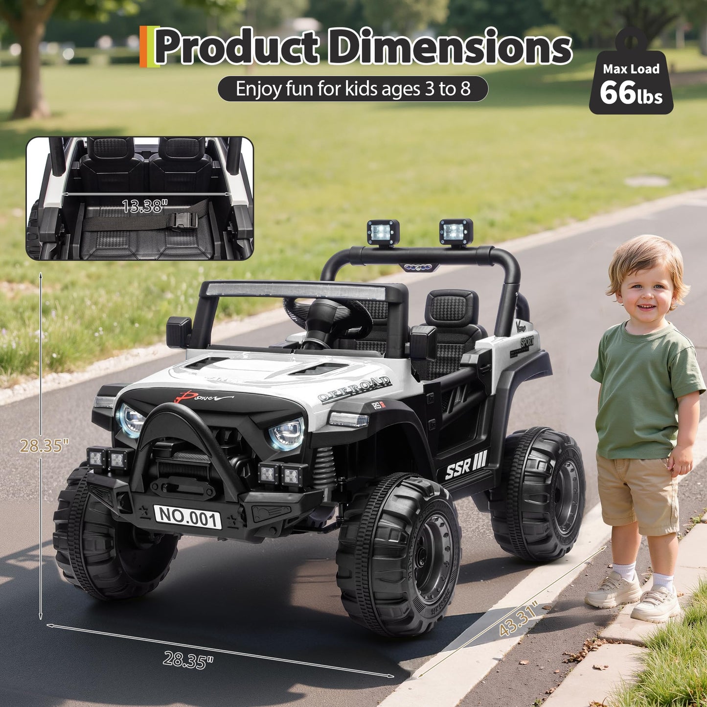 Kids Ride On Truck Car, 12V Ride On Toy Battery Powered Vehicles w/Parent Remote, Spring Suspension, Electric Car for Kids with Bluetooth Music, LED Light, Ideal Car Gift for Boys Girls, White