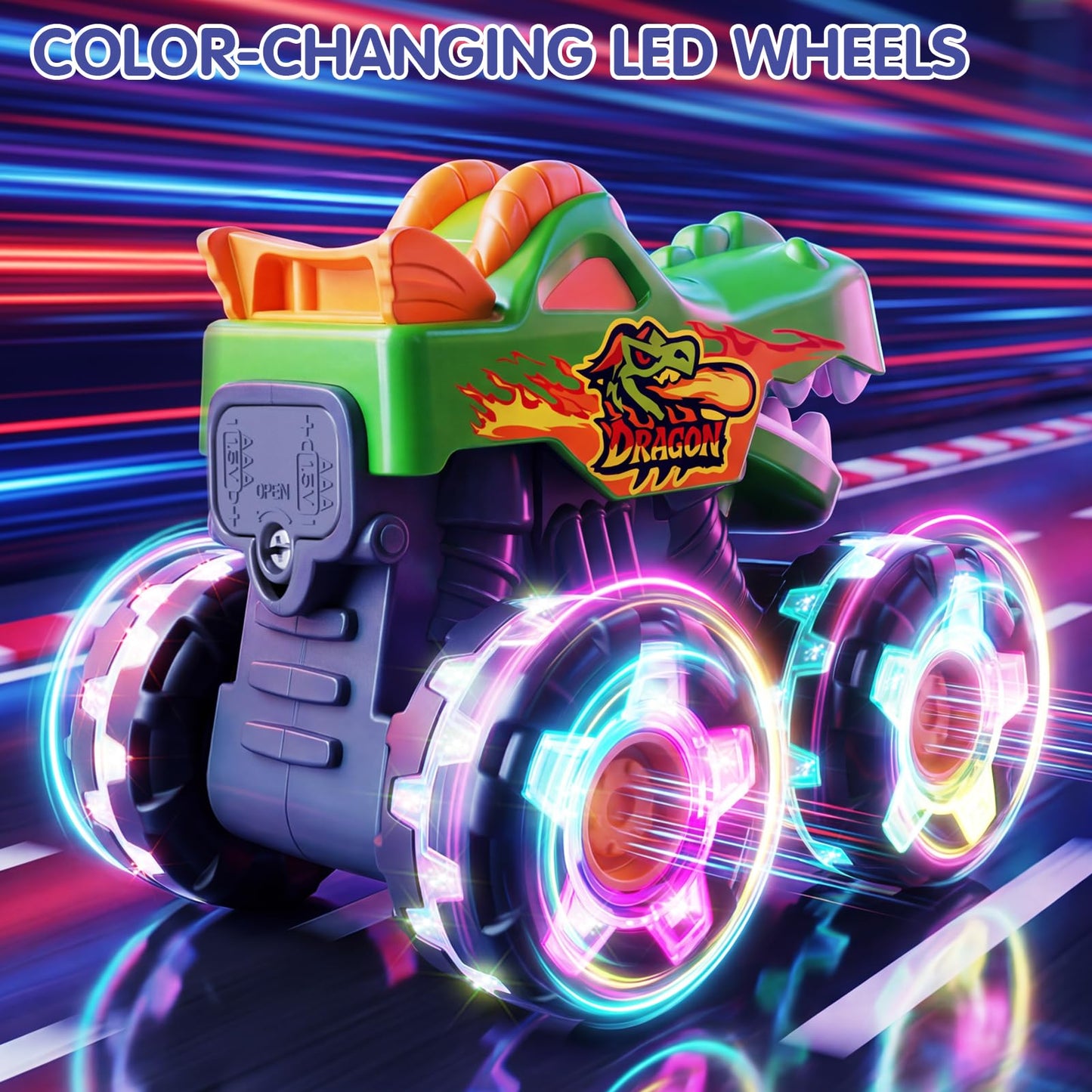 HOLA 3 Pack Monster Truck Toys, Push & Go Friction-Powered Light Up Cars with Color Changing LED Wheels for Kids Toddlers 1-5, Toys for 1 2 3 4 5 Years Old Boys Girls Christmas Birthady Gifts