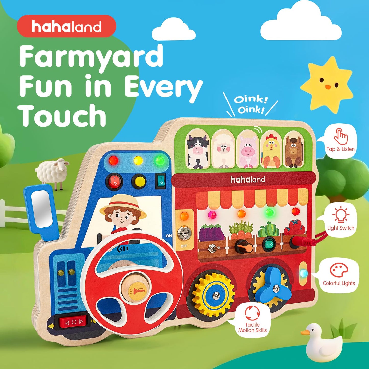 hahaland Montessori Busy Board for Toddlers 3-5, 18-in-1 Wooden Sensory Activity Board with LED Lights & Switches, Educational Montessori Toy for Fine Motor Skills, Kids Gift