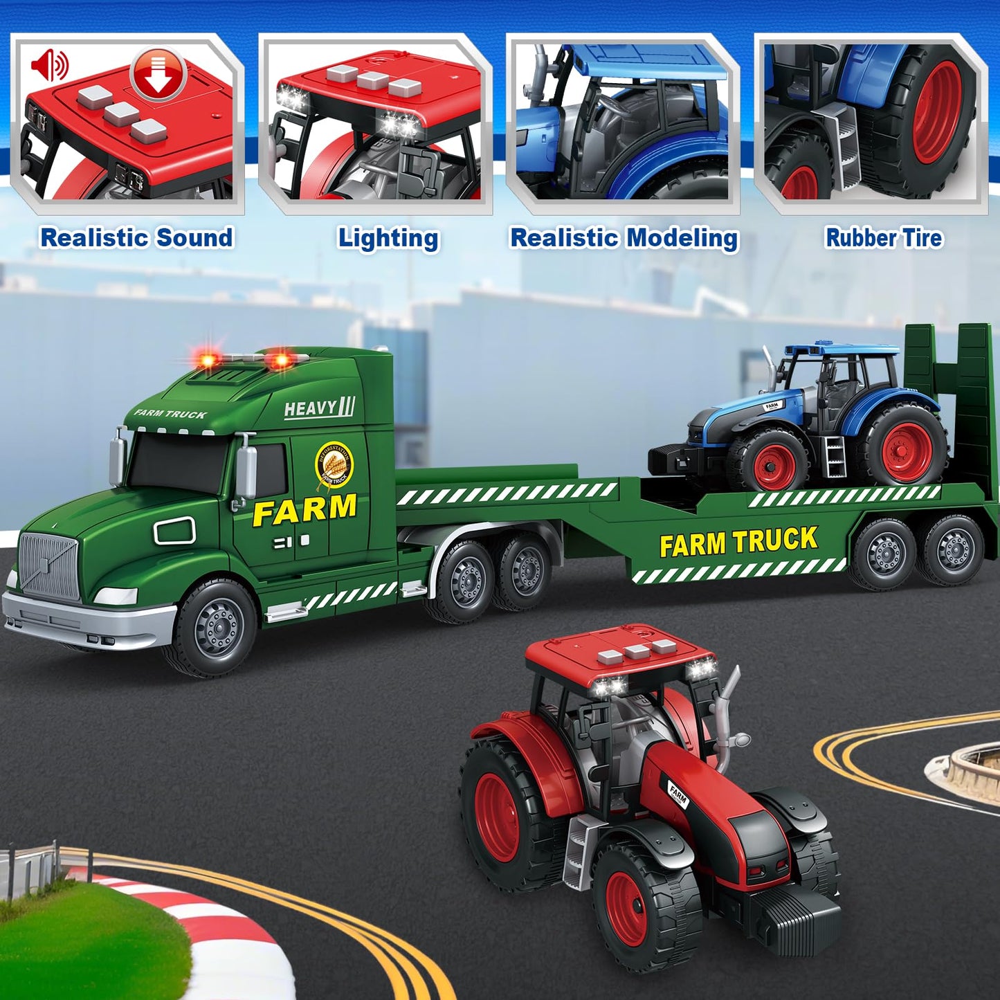 Bstoyder Toddler Boy Toys for 3 4 5 6 7 Years Kids, 27" Semi Flatbed Truck Toy with 2 Tractors, Friction Powered Vehicles Toys with Lights and Sounds, Birthday for Boy Girls