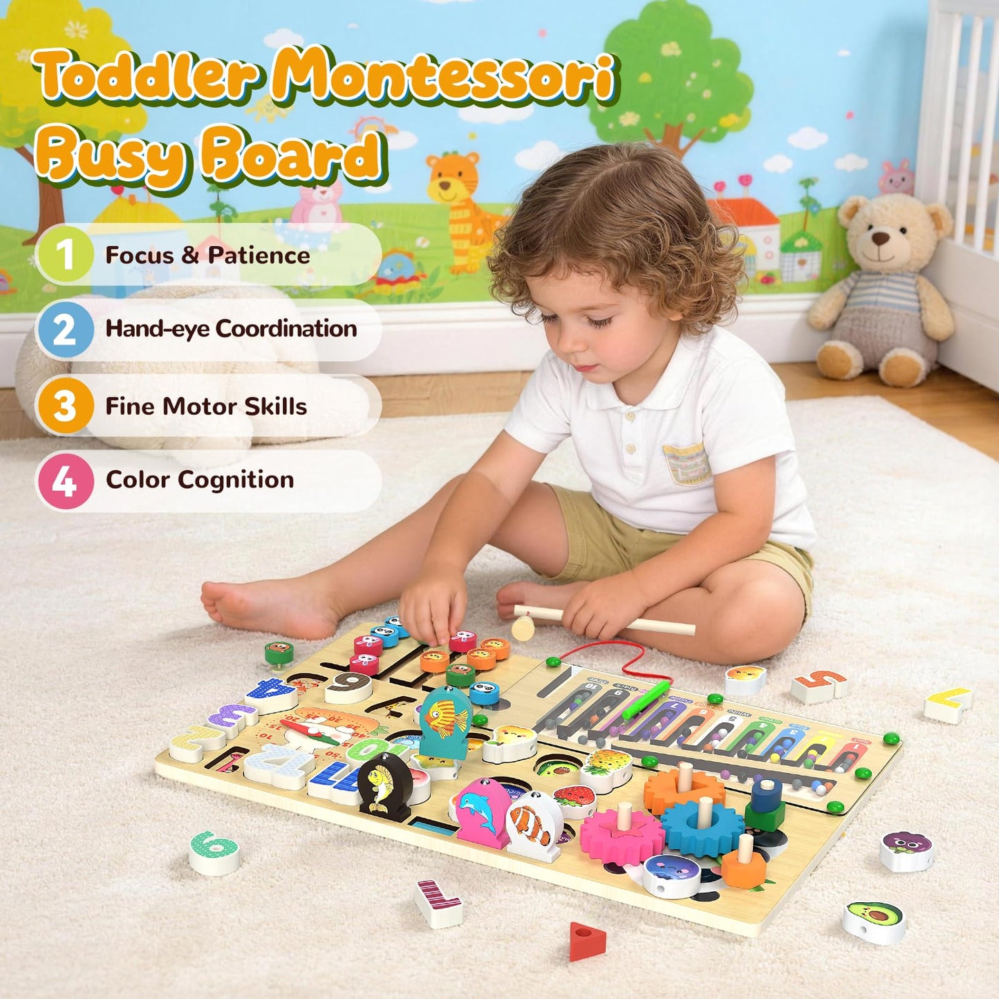 AOSITE Busy Boards Wooden Kids Toys 9-in-1 Montessori Toy Wooden Puzzle Board for Toddlers Montessori Wooden Educational Toys for Baby Boys Age 1 2 3 Year Old Birthday Girl Gifts Quiet Toys for Kids