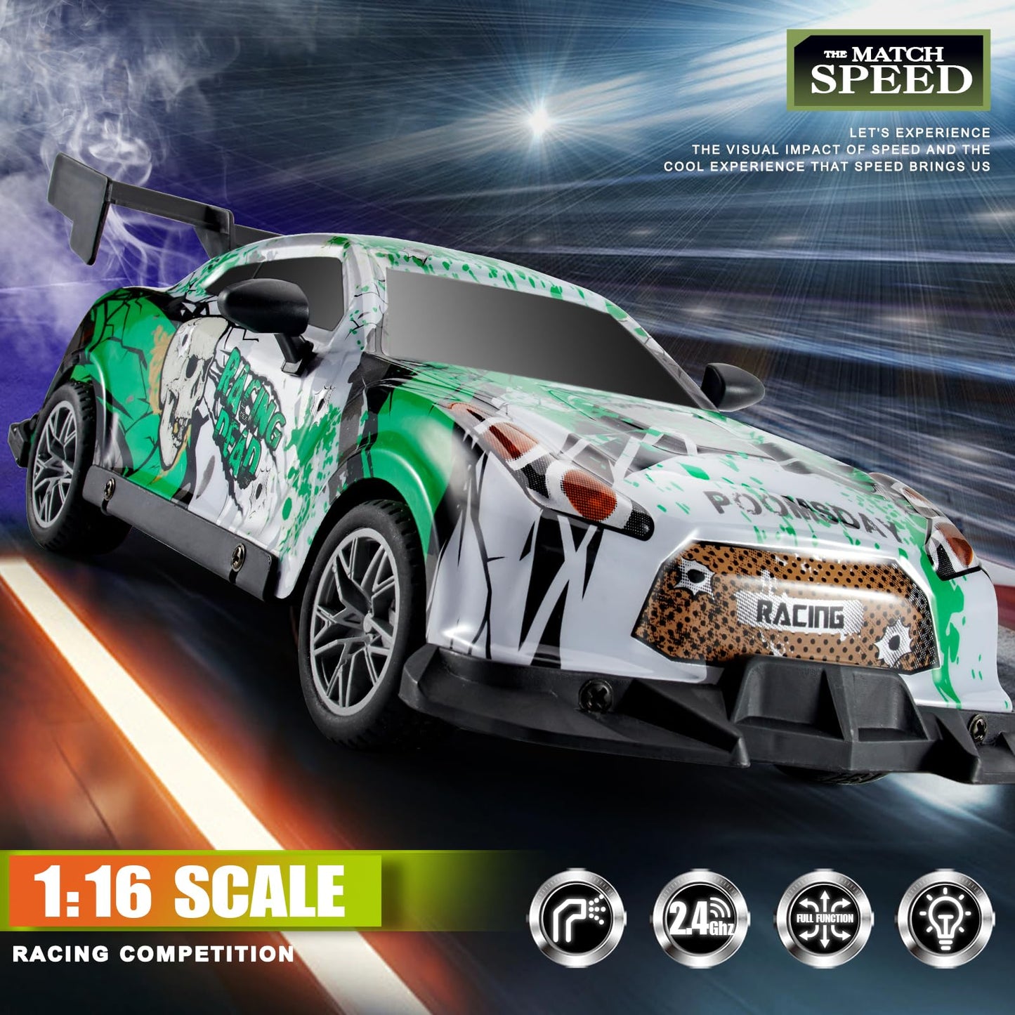 JOYBLI Remote Control Racing Car, Green Camo Design, RC Drift Car with Spray Function, Indoor & Off-Road Compatible