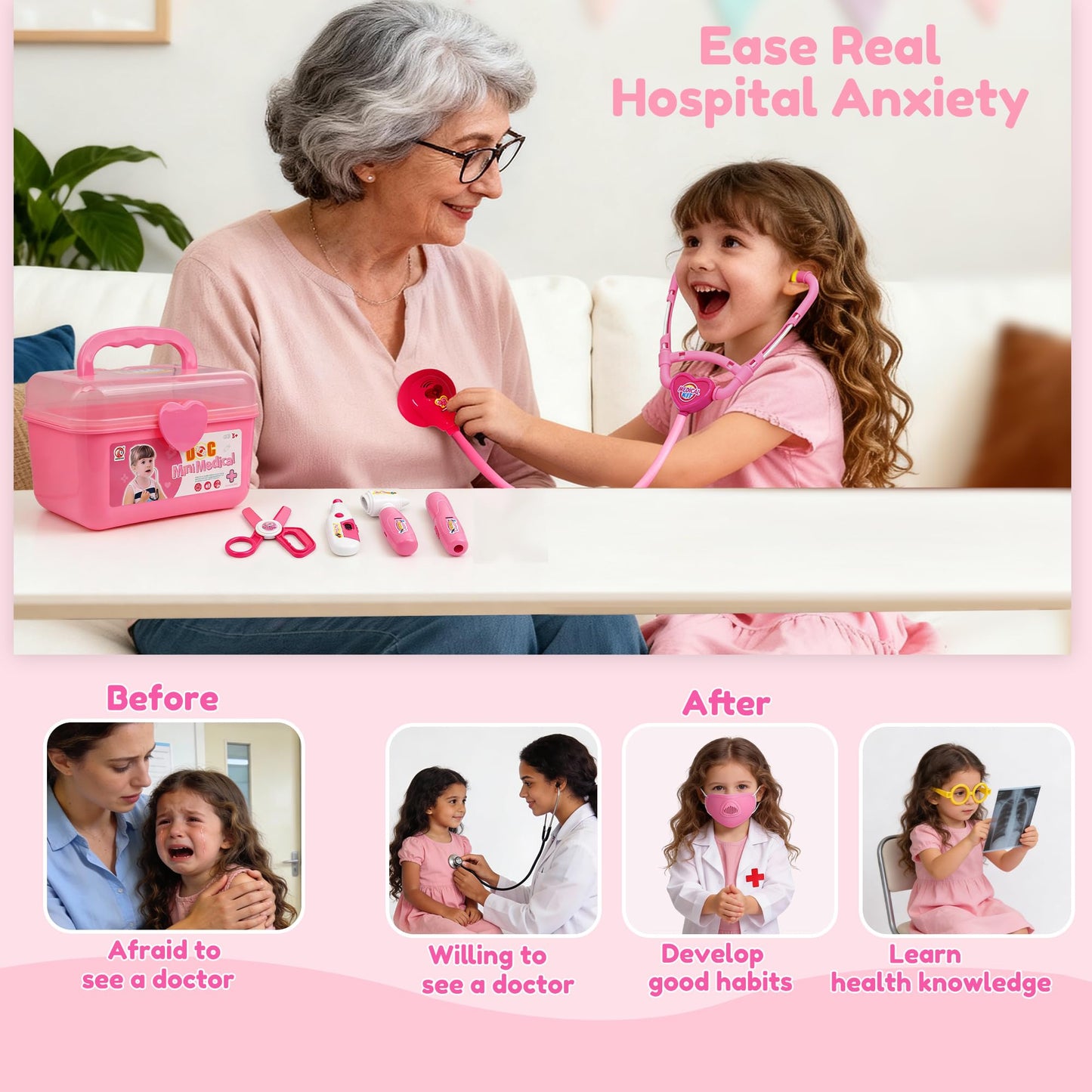 LPFG 24Pcs Doctor Kit for Toddlers 3-5, Kids Doctor Pretend Play Set with Costume, Stethoscope, Funny Doctors Kit Toys Christmas Birthday Gift for Girls Ages 3 4 5 Year Old, Pink