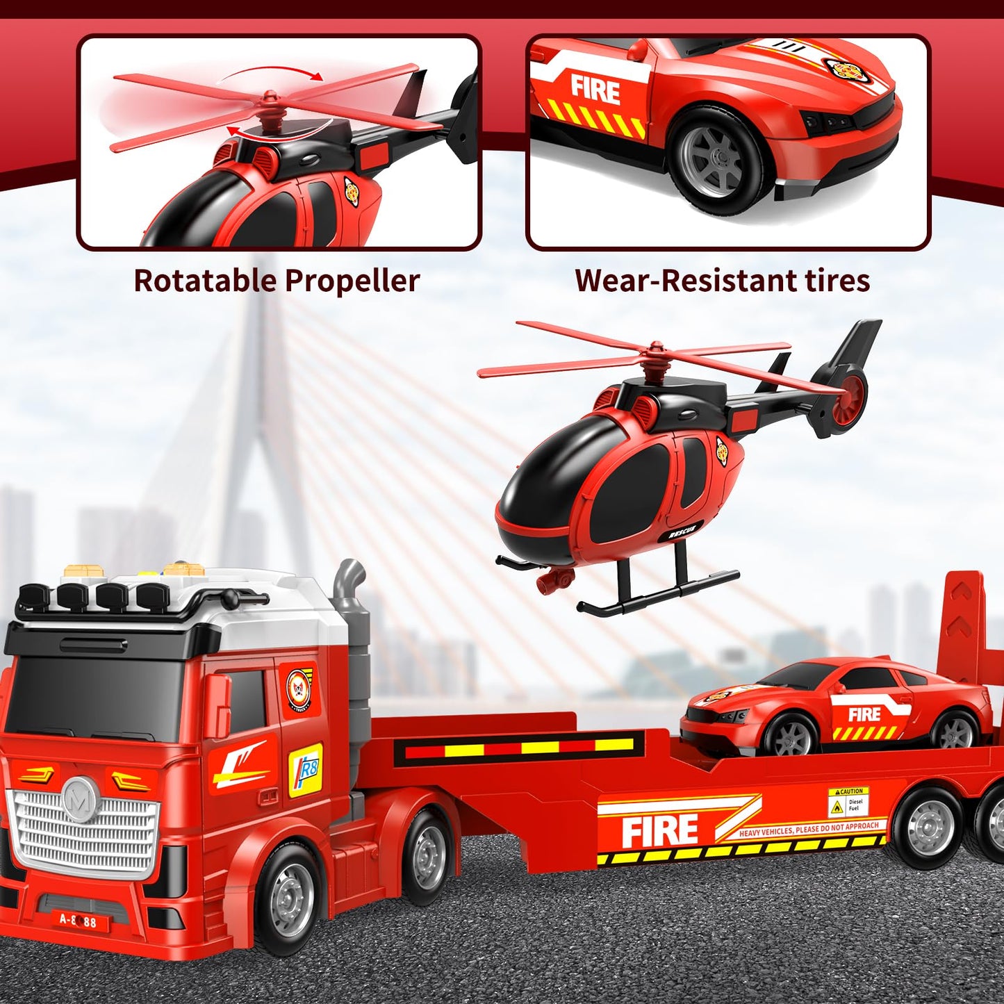 DWIRCTOYS Kids Toys for Ages 3 4 5 6 7 8 Years Old Boys, 25" Large Fire Semi Truck with Helicopter & Race Car, Friction Powered Vehicle with Lights & Sounds,Birthday Gift for Boys Girls