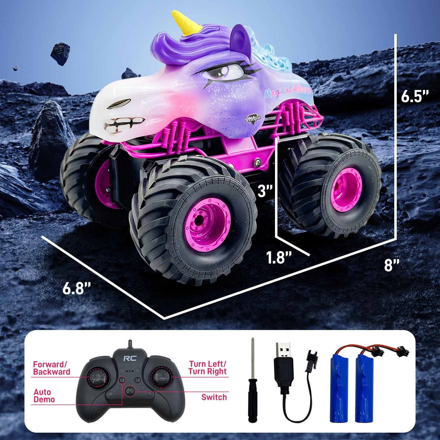 Unicorn RC Car for Girls 1:18 Amphibious Off-Road Remote Control Truck with LED Lights All-Terrain Monster Vehicle 2.4GHz High Speed Crawler Hobby Toy with 2 Batteries Birthday Gift Toys for Kids 6-12