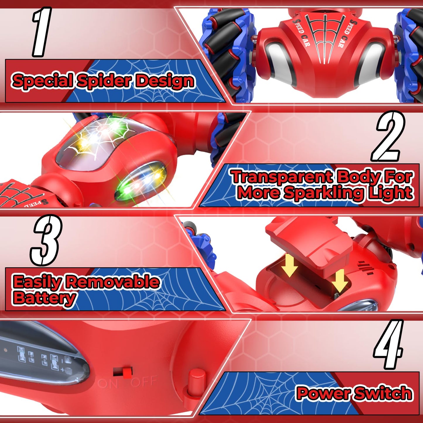 Fosgoit Spider Remote Control Car Toys for 6-12 Boys Girls, Birthday Gifts for Kids, 2.4Ghz 4WD Gesture Sensing RC Stunt Car with Light & Music & Spray, Double-Sided 360° Rotating Hand Control