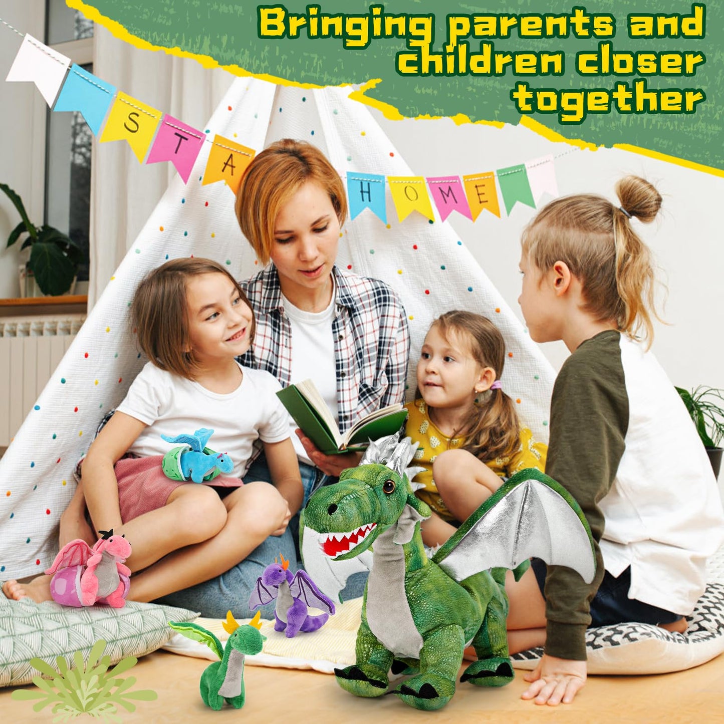 MorisMos 7PCS Green Dragon Stuffed Animal Set, 21 inch Big Mommy Stuffed Dragon Plush Toy with 4 Baby Dragons and 2 Eggs Inside, Stuffed Dinosaur Toy Gift for Kids, Boys Christmas, Birthday