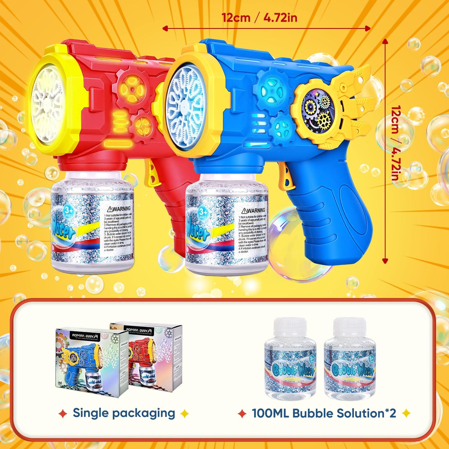 Bubble Gun for Kids with Lights, Automatic Bubble Blower Toy, Leak-Resistant Bubble Bottle, Bubble Guns for Kids Ages 3+, Fun Outdoor Bubble Guns for Parties, Backyard, Birthday Gifts, 2pcs Red+Blue