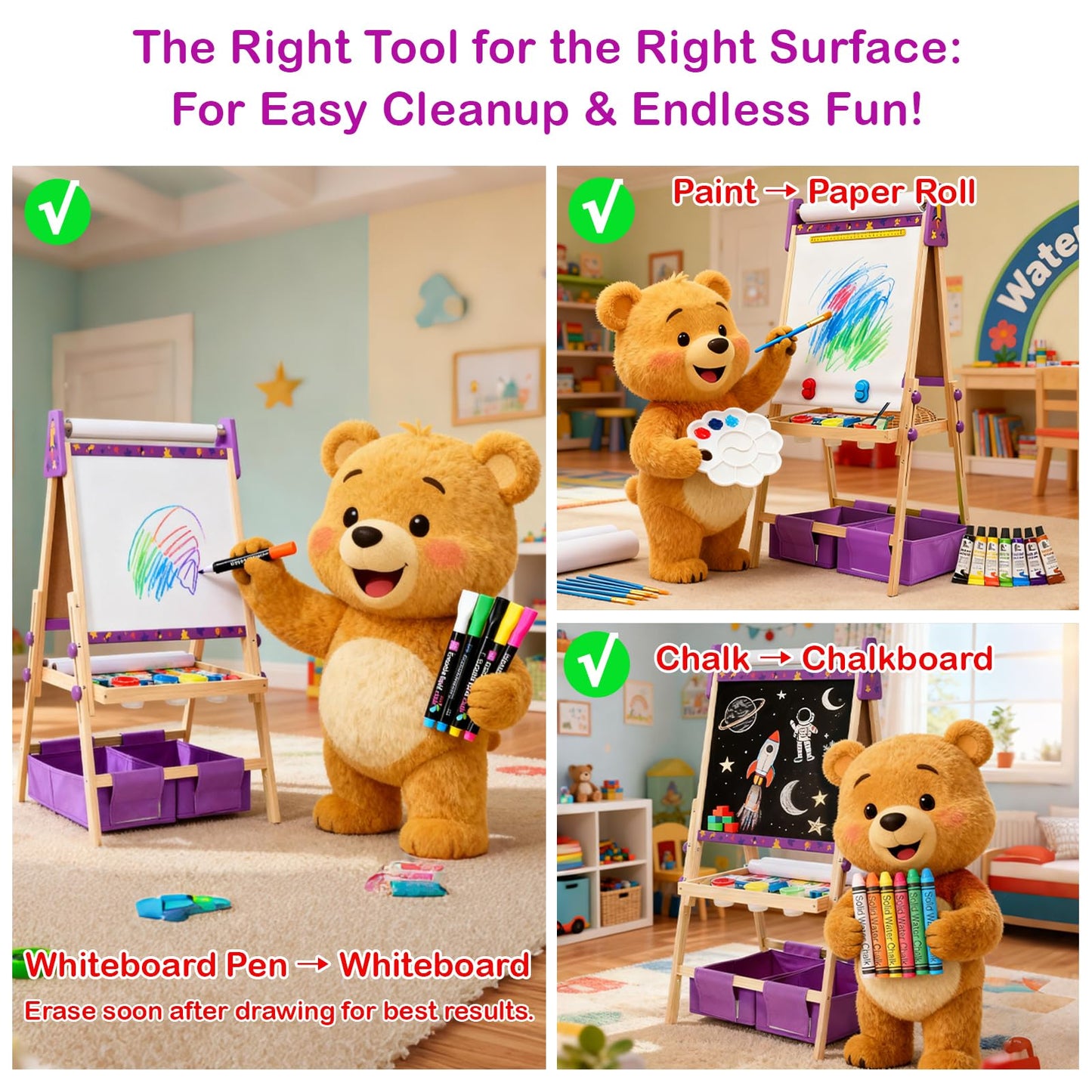 Purple Art Easel for Kids, Kids Art Easel with 3 Paper Roll, Magnetic Whiteboard and Chalkboard,Adjustable Standing Wooden Toddler Easel for Painting Double Sided,3in1 Painting Easel for 2-4 4-8 Gift
