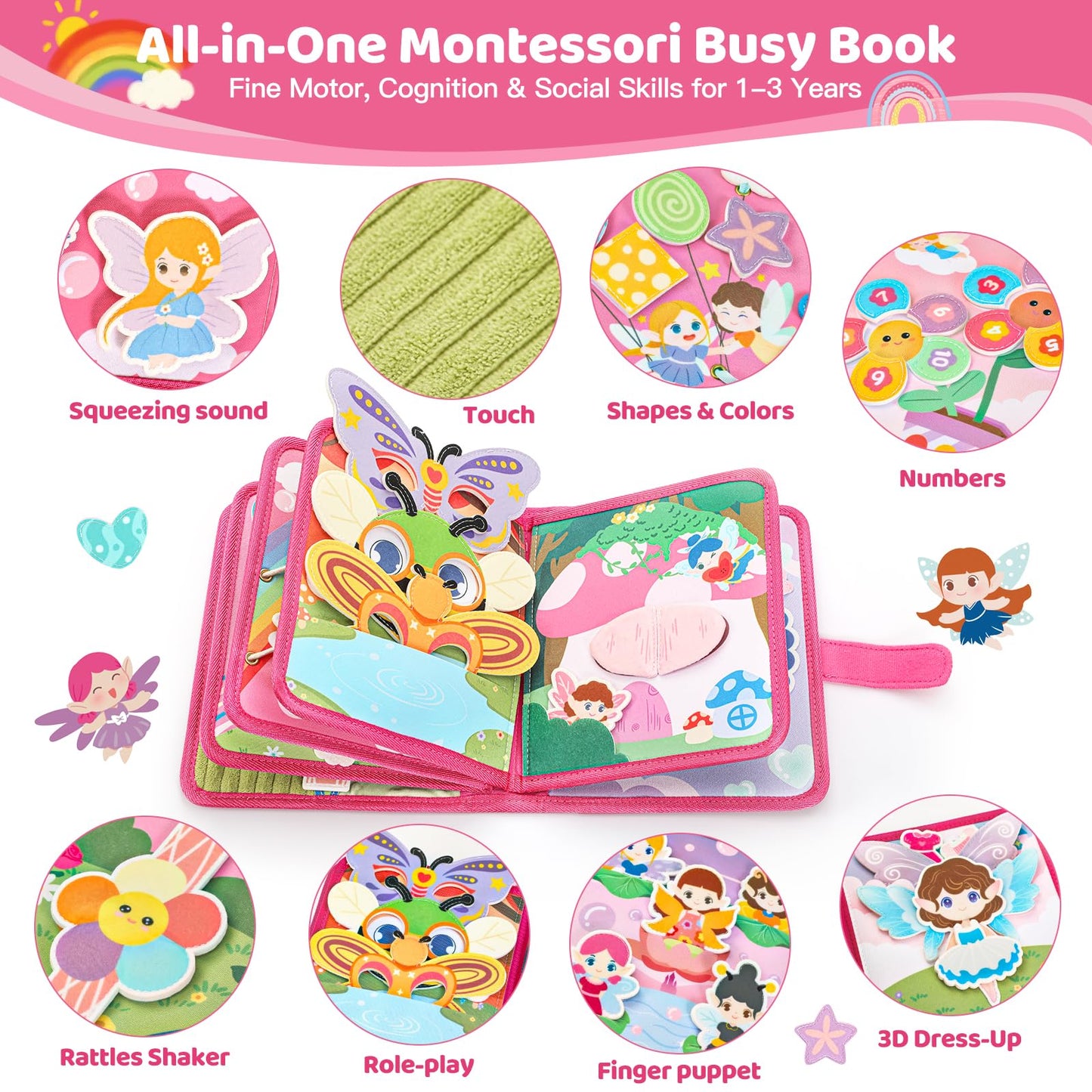 22 in 1 Busy Book for Toddlers 1-3, Sprite Montessori Toys for 1 Year Old with Fishing Game, Soft Sensory Toddler Busy Board, Airplane Travel Toys, Birthday Easter Gifts for 1 2 Year Old Girl