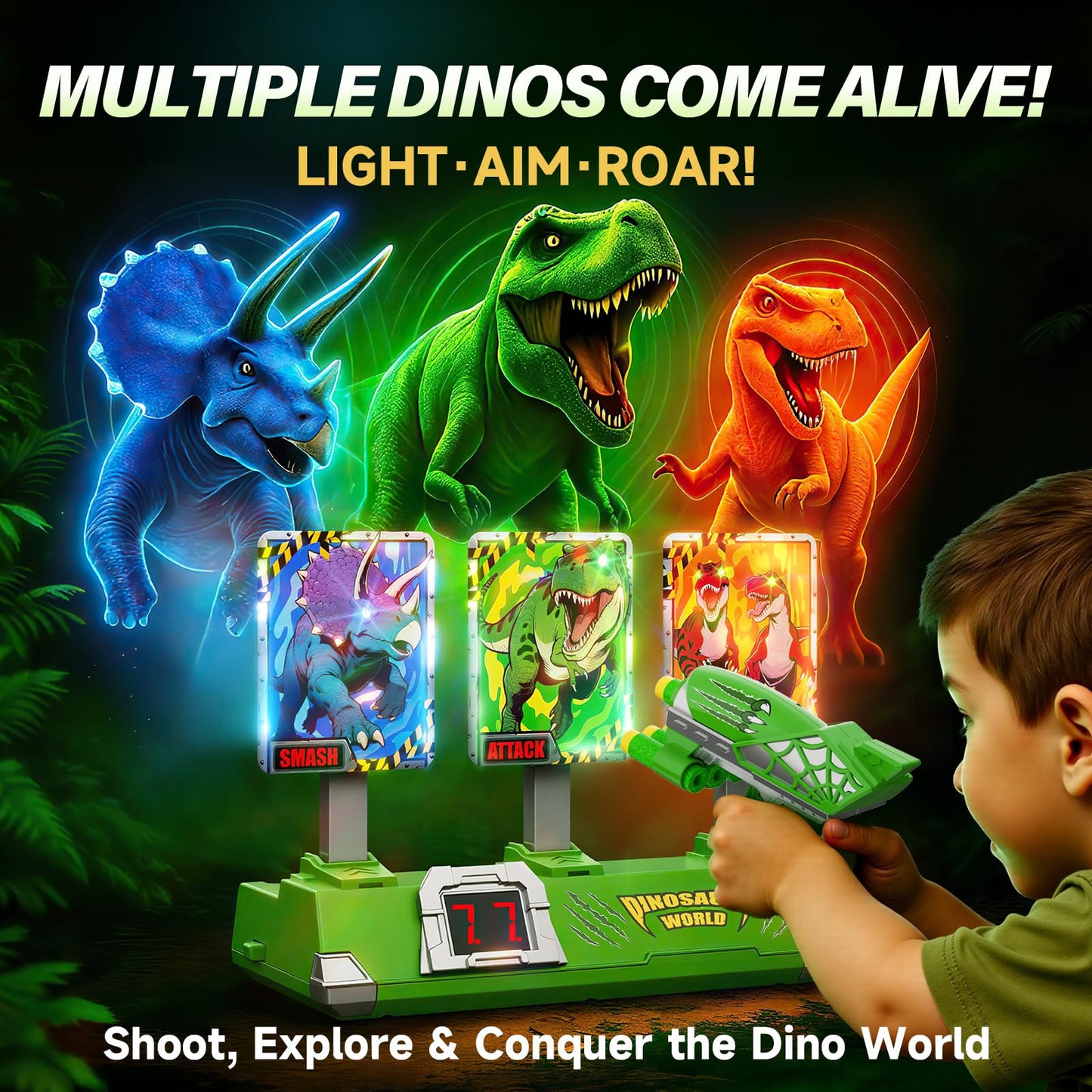 Toys for Boys Age 3-12, 3 Dinosaur-Themed & 3 Dino Flashing Lights & Dino Claw Launcher, Kid Toys, Fun Auto Reset Electronic Scoring Game with Sounds,3 4 5 6 7 8 9 10 11 12 Year Old Boy Birthday Gifts