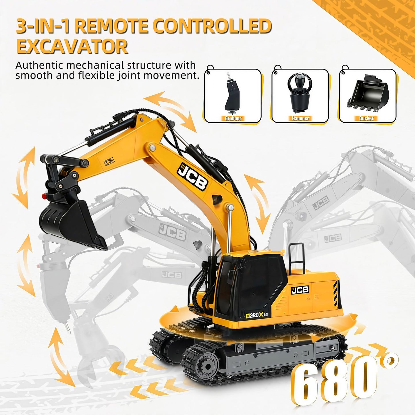 Official JCB BRRRRT 3-in-1 Remote Control Excavator Construction Vehicles with Drill Bit, Grab Bucket & Digging Hook, 14-Channel RC Excavator with Lights & Sounds for Kids Ages 3+