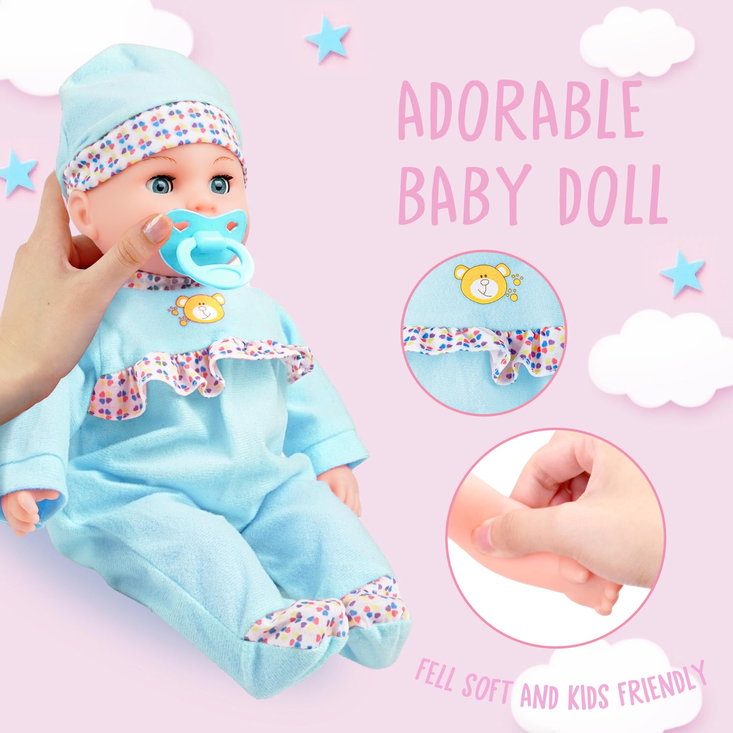 Toy Choi's Interactive Baby Doll - 16 Inch Crying Talking Feeding Dolls with Different Sounds and Accessories, Pretend Play Preschool Toys for 2 3 4 5+ Year Old Girls Boys Gift, Blue