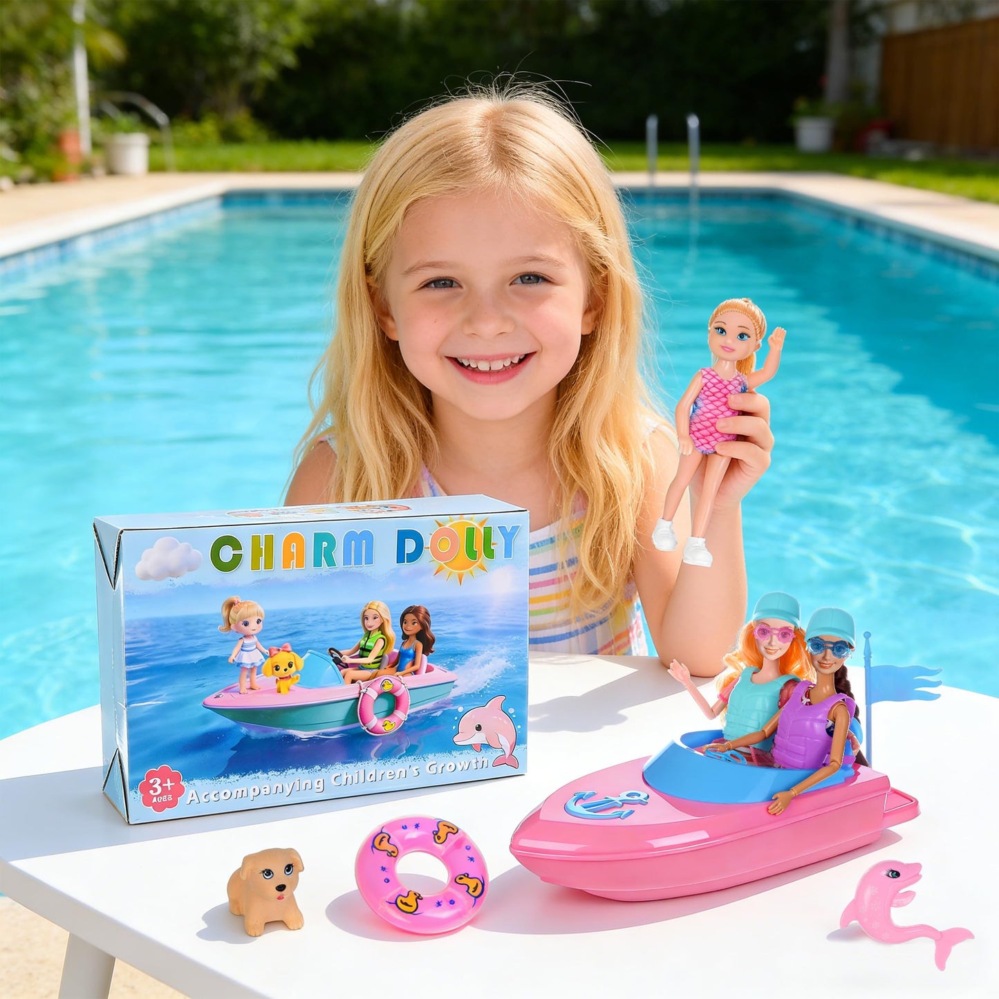 dollbie Fashion Dolls and Boat Playset - 11.5 Inch Dolls with Swimwear, Life Vests, Accessories, 5.5 Inch Doll, Pet Puppy and Dolphin Toy - Summer Beach Adventure Gift Set for Girls