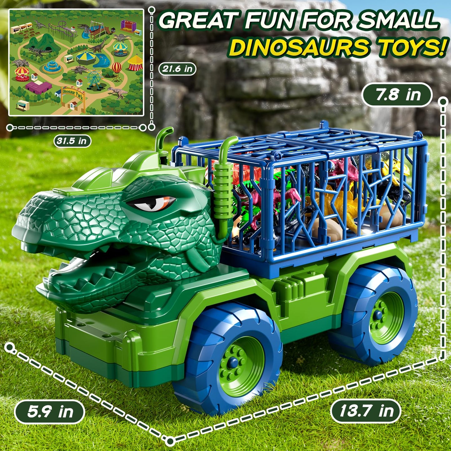 DULONIME Dinosaur Cars Truck Toys for Kids 3-5 with 8 Dinosaur Figures, Activity Play Mat, Jurassic Play Set for Boys and Girls Ages 5-7
