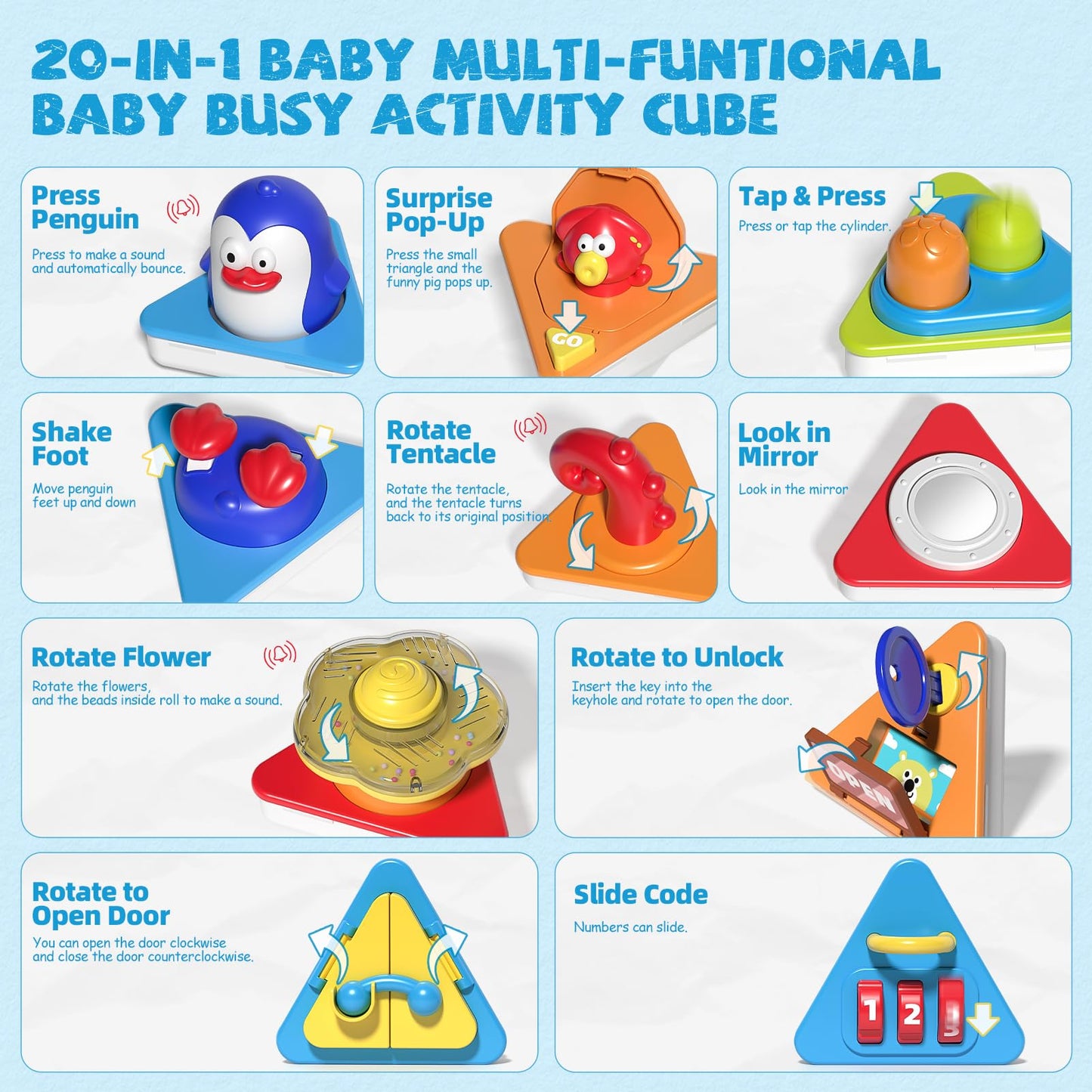 MEWOCHEE 20-in-1 Toddler Busy Board Cube Toys, Early Educational Montessori Sensory Toy for Toddler 1-3, Montessori Toys for 1 2 Year Old Boys Girls Kids, Travel Toy Gifts for 1 2 Year Old Boy Girl