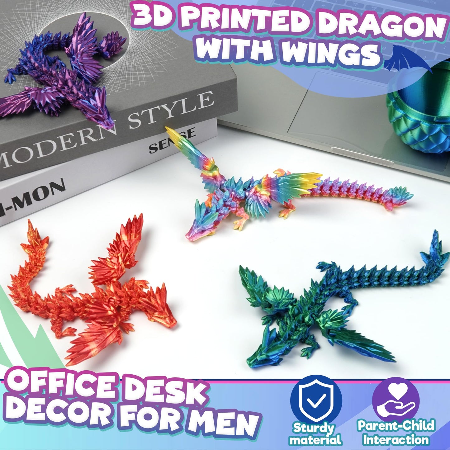 4PC 3D Printed Dragon Eggs with Wings for Teen Boys Fidget Classroom Treasure Box for Kids Goodie Bag Fillers Winged Dragon Dinosaur Eggs Toy Office Desk Decor for Adult Easter Basket Stuffers Gifts