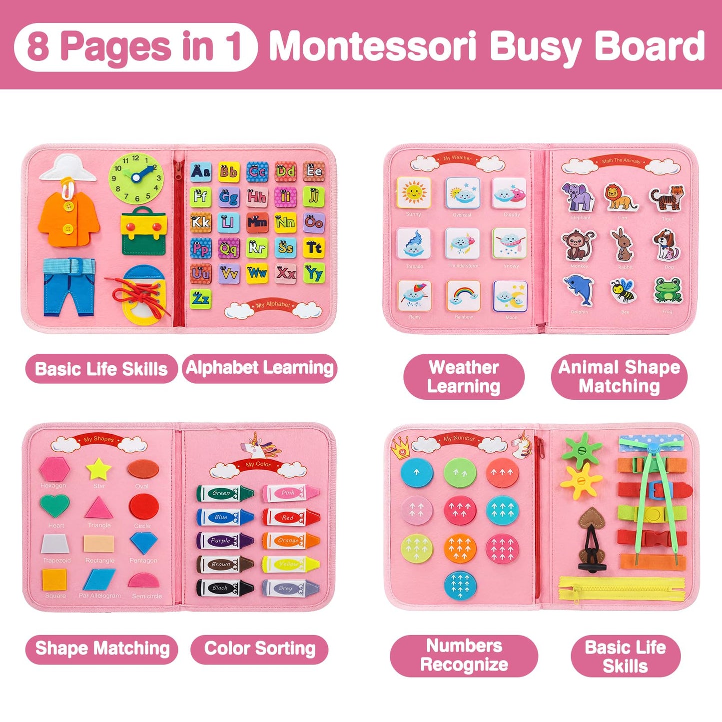 Mulaisu Toddler Busy Board Montessori Toys for Toddlers Girls 1-3 Year Old Birthday Gifts, Sensory Busy Book Learning Educational Activities, Airplane Car Travel Toy