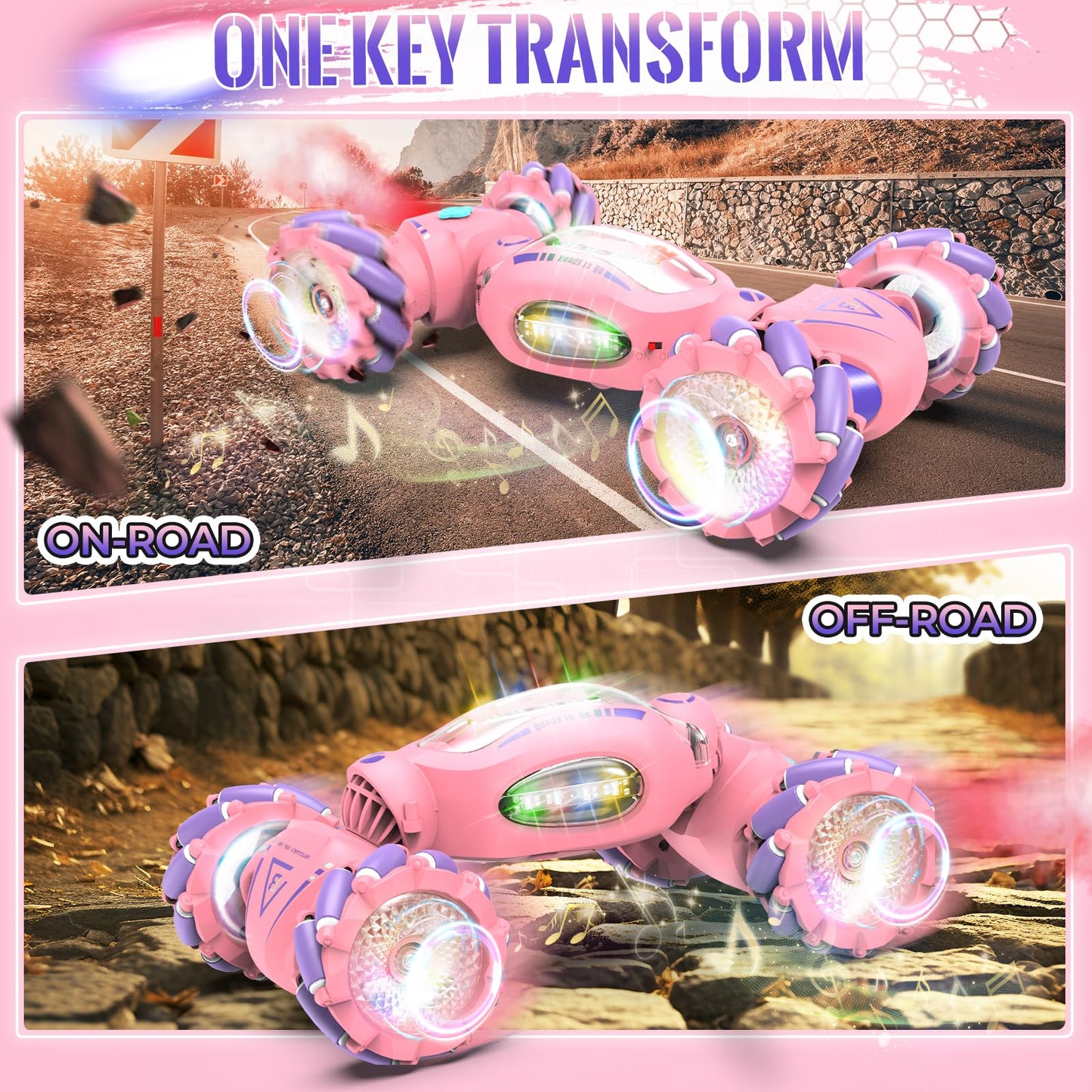 Fosgoit Pink Remote Control Car Toys Gifts for Girls 6-12, with Light & Music & Spray, 2.4Ghz 4WD Double-Sided 360° Rotating Gesture Sensing RC Stunt Car, Birthday for Girls Kids