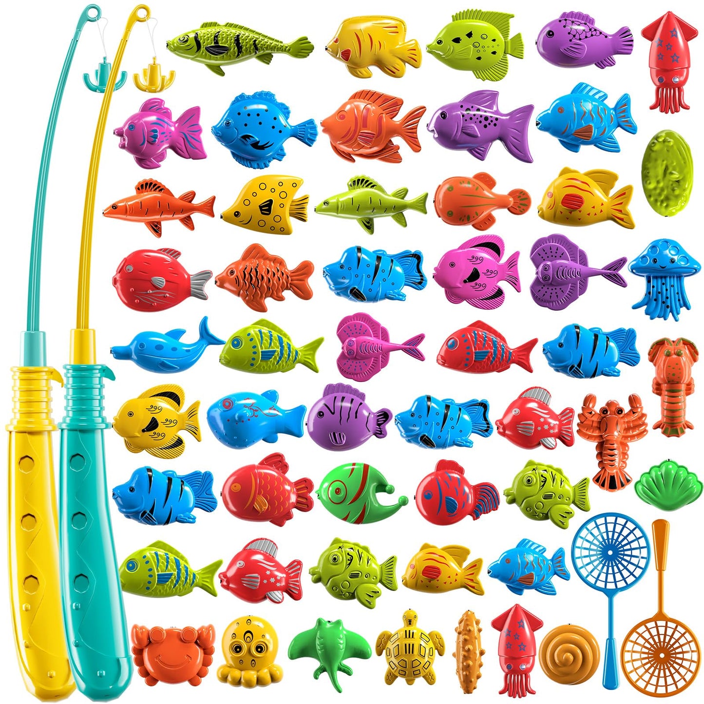 TEMI Fishing Toy Game for Kids 3 4 5 6 7 8 Years Old, 51 Fish Bath Playset for Toddlers, Toy Magnetic Rod and Fishing Net, Outdoor Water Toys for Kids Age 3-5, Party for Boy and Girl