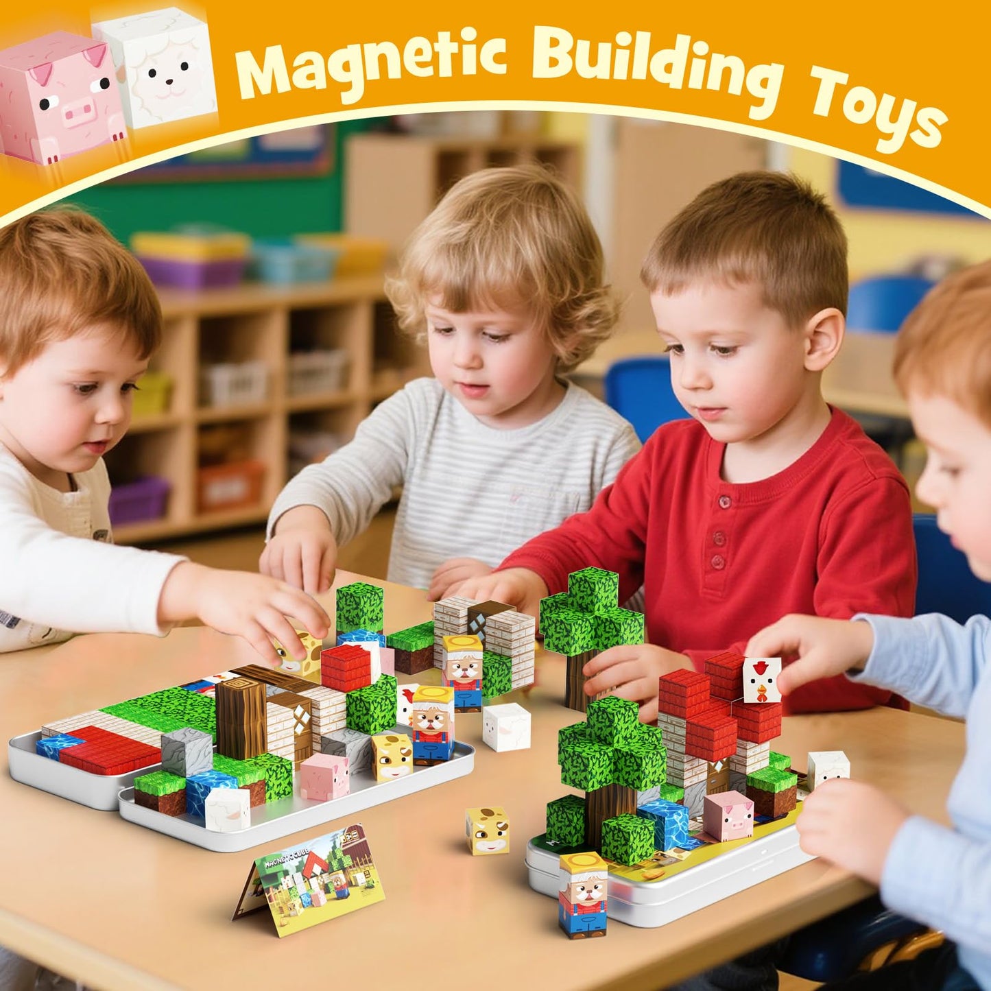 JSDKFJSA Mini Magnetic Blocks Farm Animals - 35 PCS Travel Magnet Building Blocks for Toddlers - STEM Educational Magnet Toys with Portable Iron Box for Kids Ages 3-8 Years Old Boys & Girls
