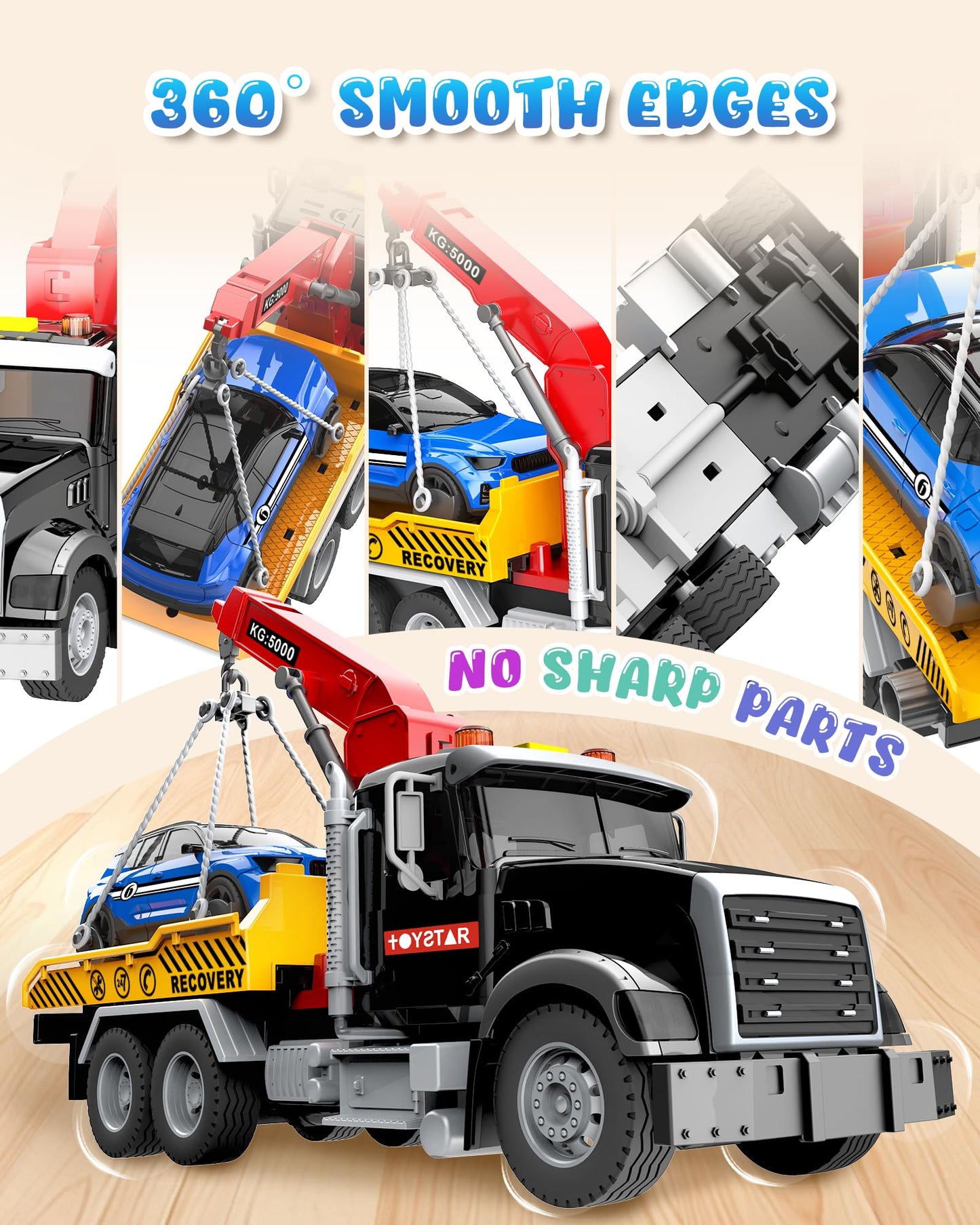 Noaln Kids Toys for 3 4 5 6 7 Years Old Boys, 15" Large Tow Truck Toy, Friction Powered Transport Toy Trucks with Lights and Sounds, Birthday Gifts for Boys & Girls with Racing Car