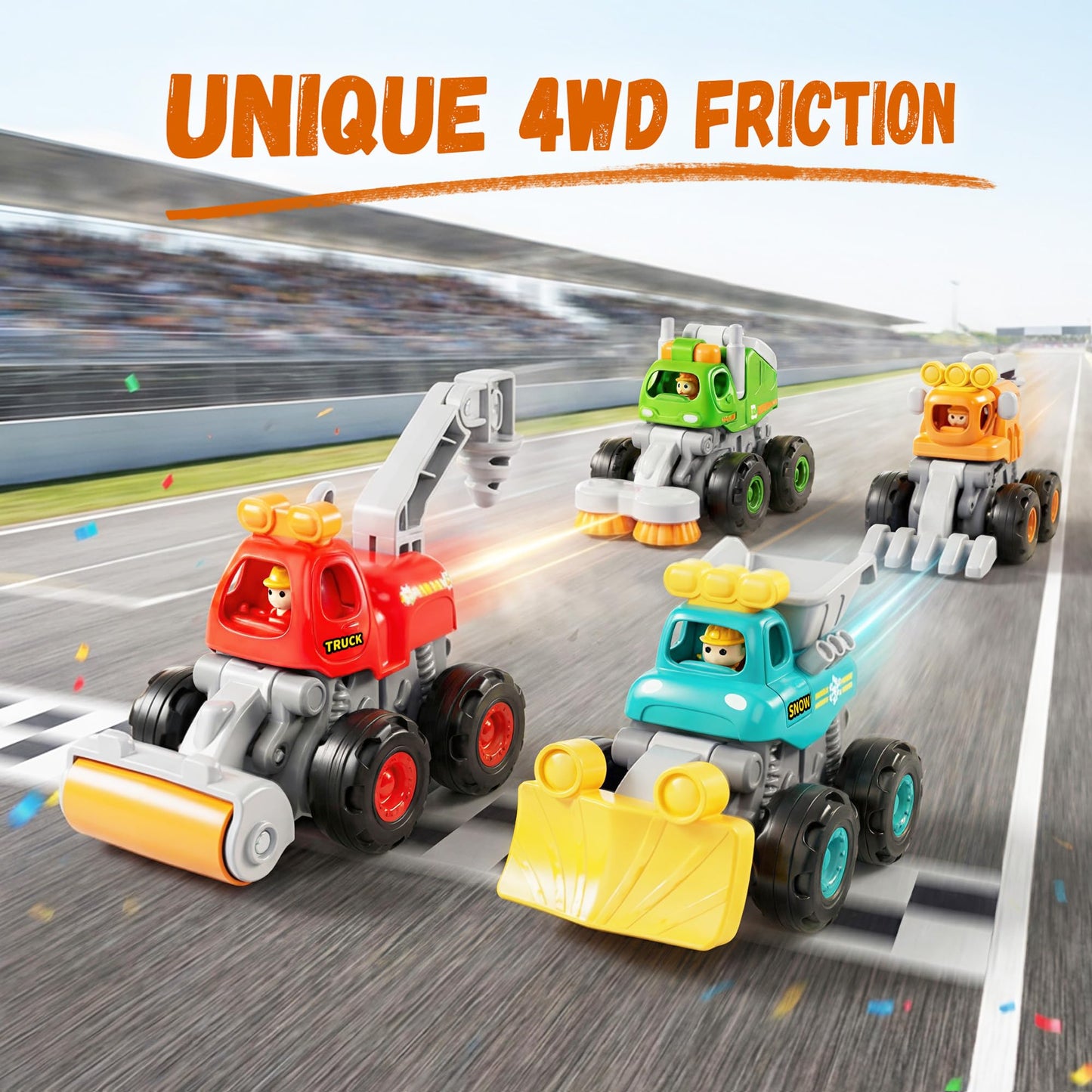iPlay, iLearn Stunt Construction Trucks for Toddlers 1-3, Baby Push Go Friction Cars, Kids Pull Back Vehicle Set, Boys Digger Roller Dump Truck, Birthday Gift 12 18 Months, 2 3 4 5 One Yrs Girls Child
