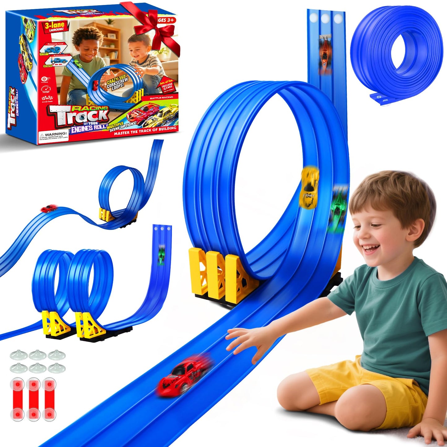 3-Lane Flexible Race Track for Kids: 15ft DIY Bendable Ramp with Suction Cups – Portable Roll-Up Car Track for Kids Compatible with 1:64 Diecast Cars – Easter Birthday Gift for Boys Girls Ages 3+