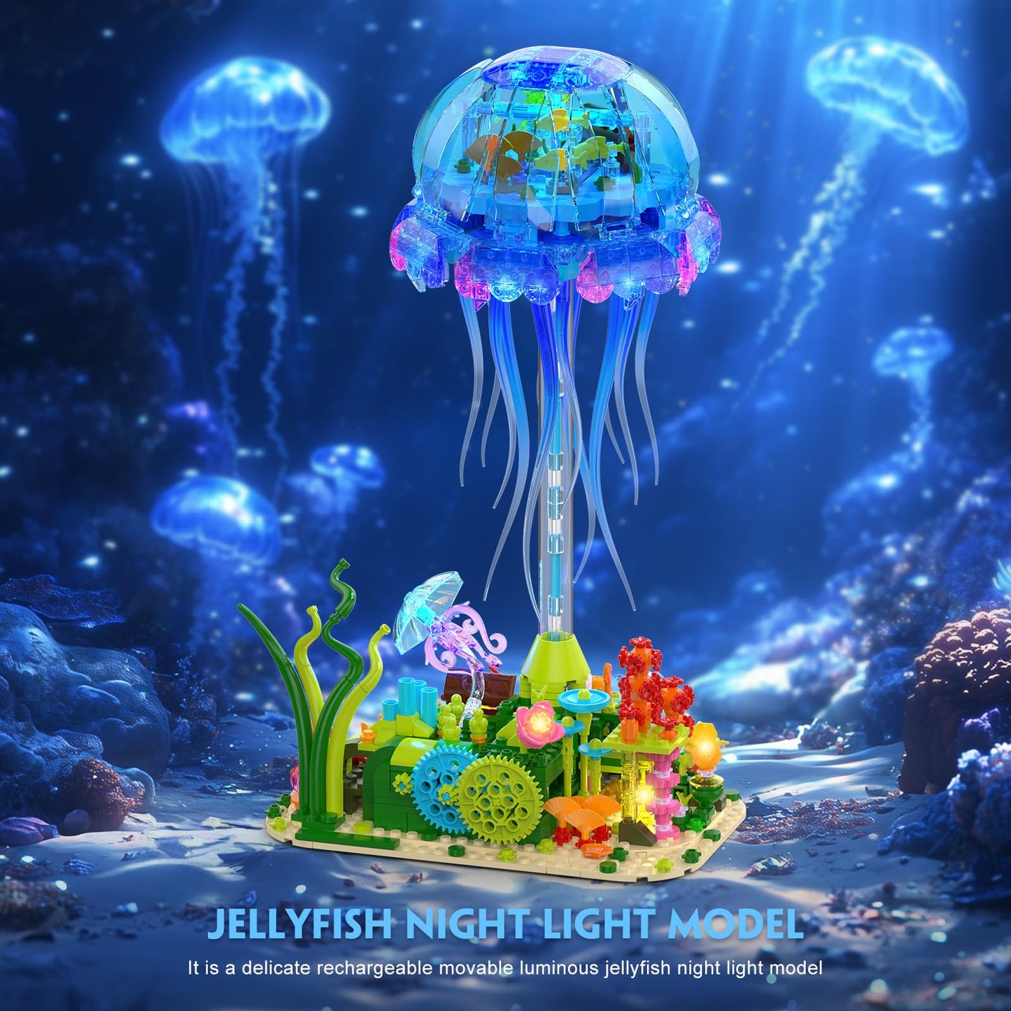 Brihappen Jellyfish Building Set with LED Lights, Floating Jellyfish Lamp for Home Decor, Ocean Animal Collection Model with Coral & Seaweed, Creative Display Gift for Adults, Teens 14+