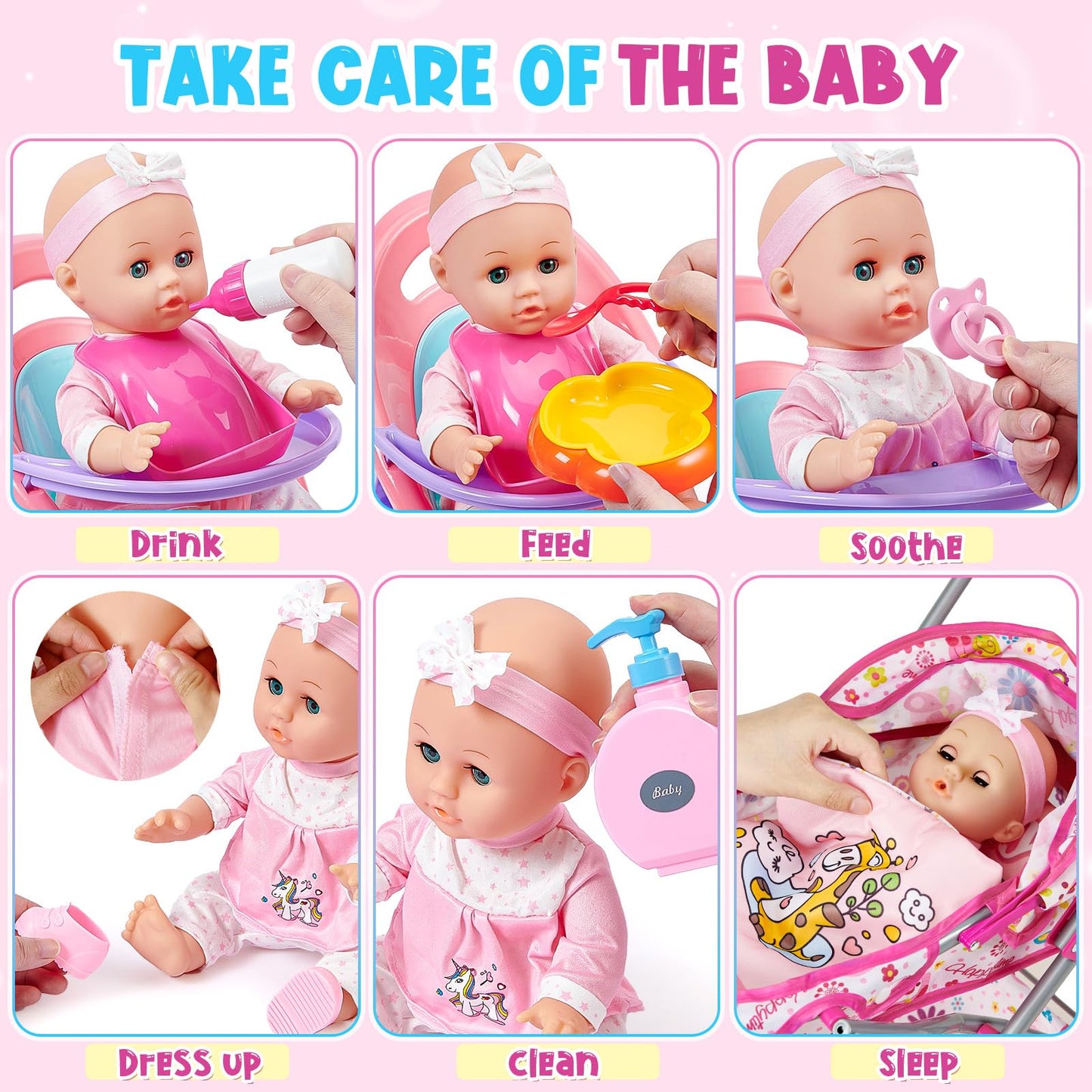 Golray 12 in Baby Doll Toys Set with Stroller for 3 4 5 6 Year Old Girl - 26pcs Babydoll with Accessories Quilt Pillow/Highchair/2 Clothes, Feeding Nursing Pretend Play Toddler Girl Toy Gift 3-5-7