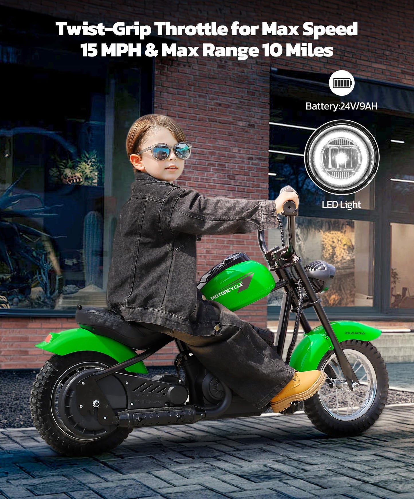 ELEMARA Electric Dirt Bike, 15 mph & 150lb Max, 24V Ride on Toy for Big Kids w/LED Lights & Power Display,Chain-Driven Motor,Twist-Grip Throttle, Shock Springs,Handbrake,12" Air-Filled Tires-Green