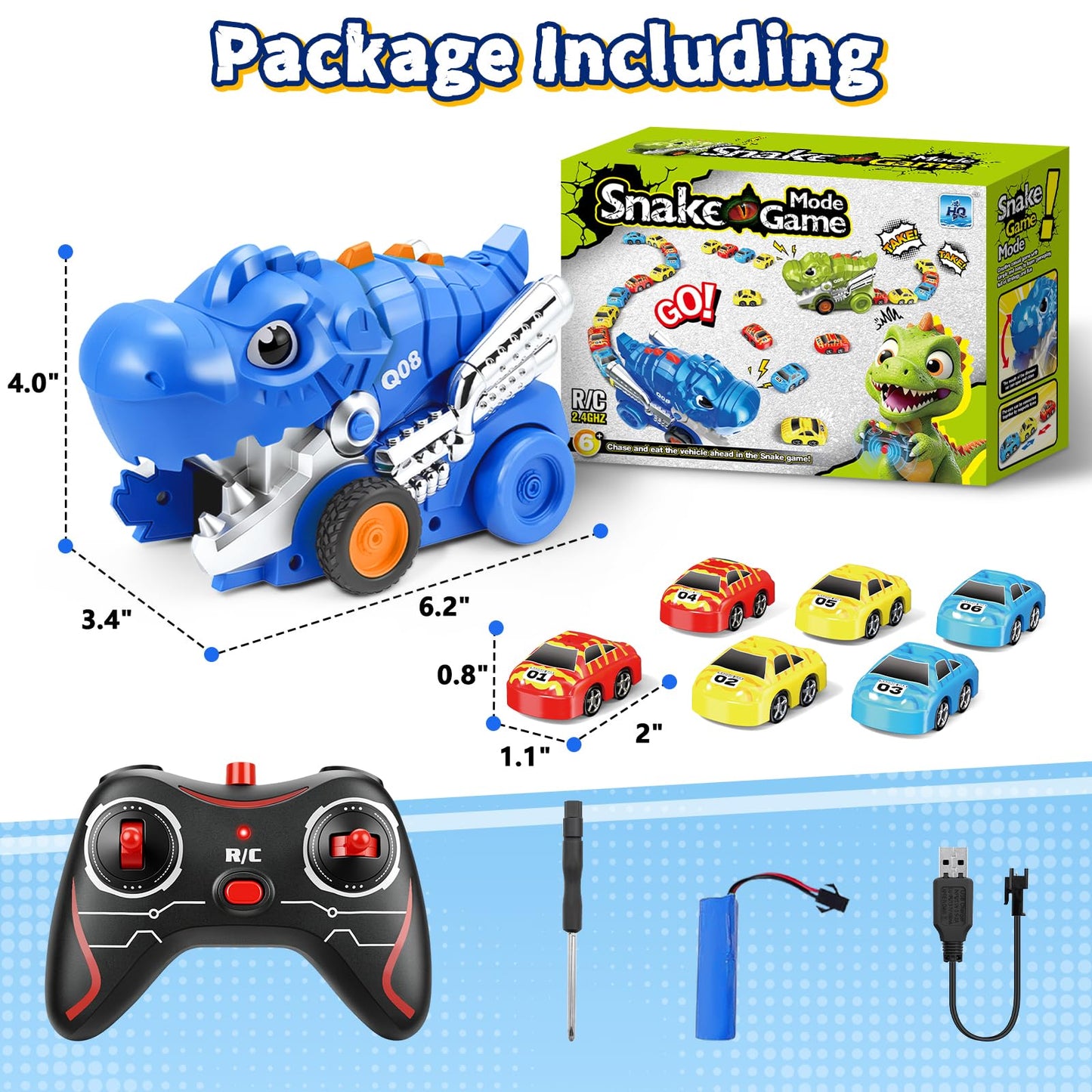 Intoypad Dinosaur Remote Control Car Toys for Kids, 2.4GHz RC Dino Eating Car Toy with 6 Magnetic Cars & Music Dino Truck Birthday Gifts Toys for 3 4 5 6 7 8 9 10 11 12 Year Old Boys Girls (Blue)