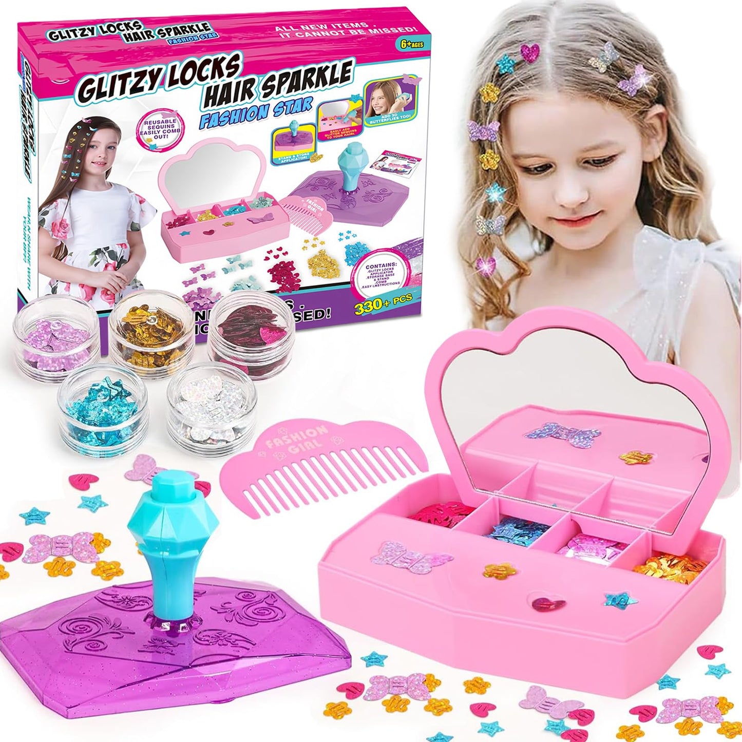 WDFXLWT Hair Gem Stamper Kit – Sparkling Jewels Hair DIY Art for Girls, Glitter Diamond Styling Tools Hair with 330+ Reusable Sequins, Fun Craft & Party Gift for Ages 3-12