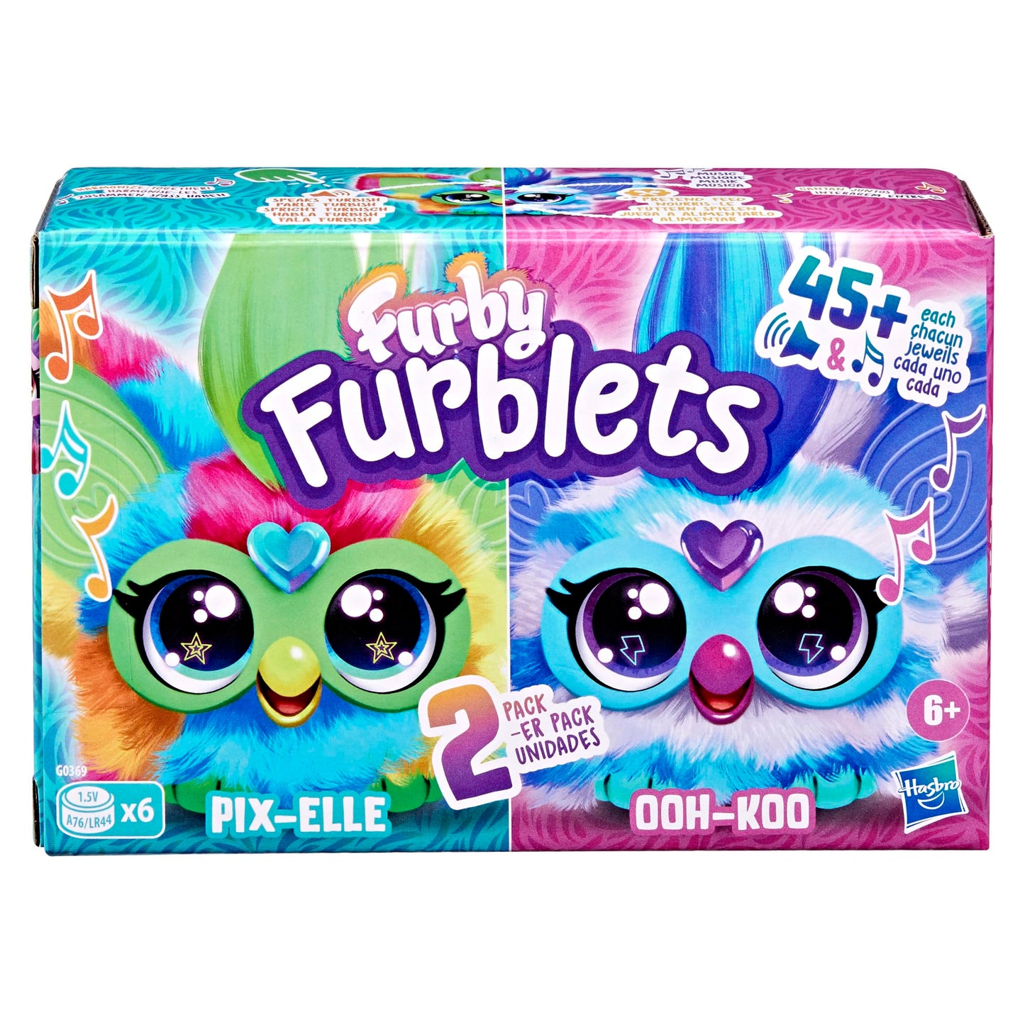 Furby Furblets 2-Pack, Mini Friends Pix-Elle & Ooh-Koo, 45+ Sounds Each, Music & Speaks Only Furbish, Electronic Plush Toys, Multicolor & Blue/White, Easter Basket Stuffers, Ages 6+ (Amazon Exclusive)